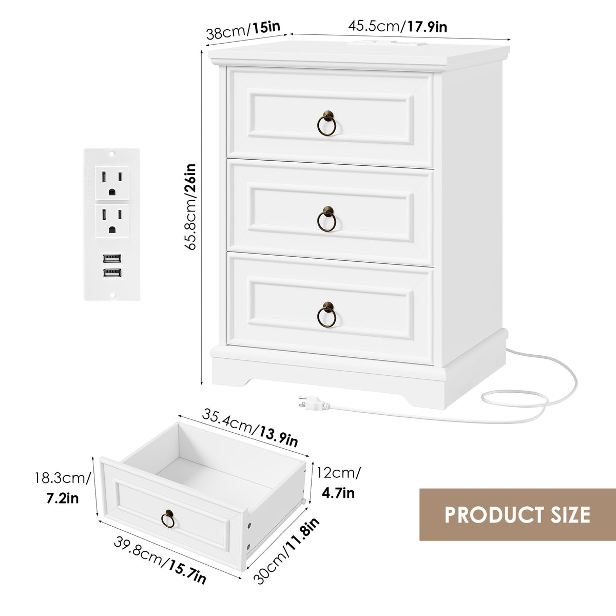 Hiphuta Vintage Nightstand with 3 Large Drawers, Farmhouse Sofa Table with Charging Station, Rustic End Table for Bedroom and Living Room, White