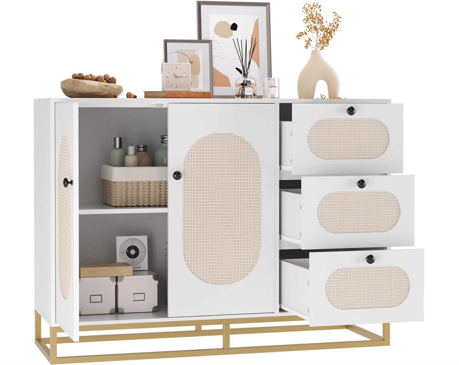 Hiphuta Accent Cabinet with 3 Rattan Drawers & 2 Rattan Doors, Sideboard with Display Shelf for Living Room, White