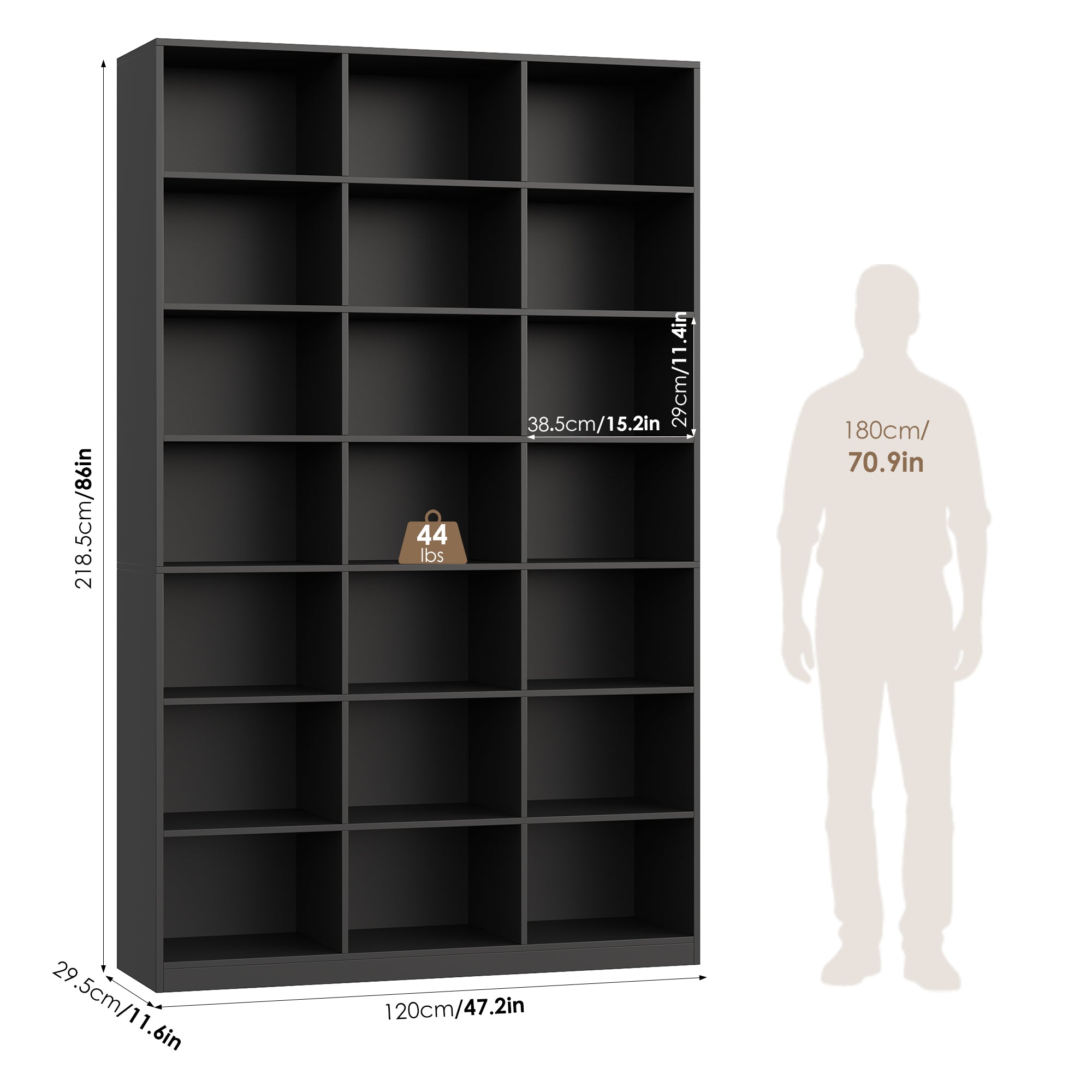 Hiphuta 86"H x 47"W Wood Triple 7-Tier Standard Bookcase, Tall Bookcase for Bedroom, Living Room and Office, Freestanding 21 Cubes Display Storage Shelves, Black