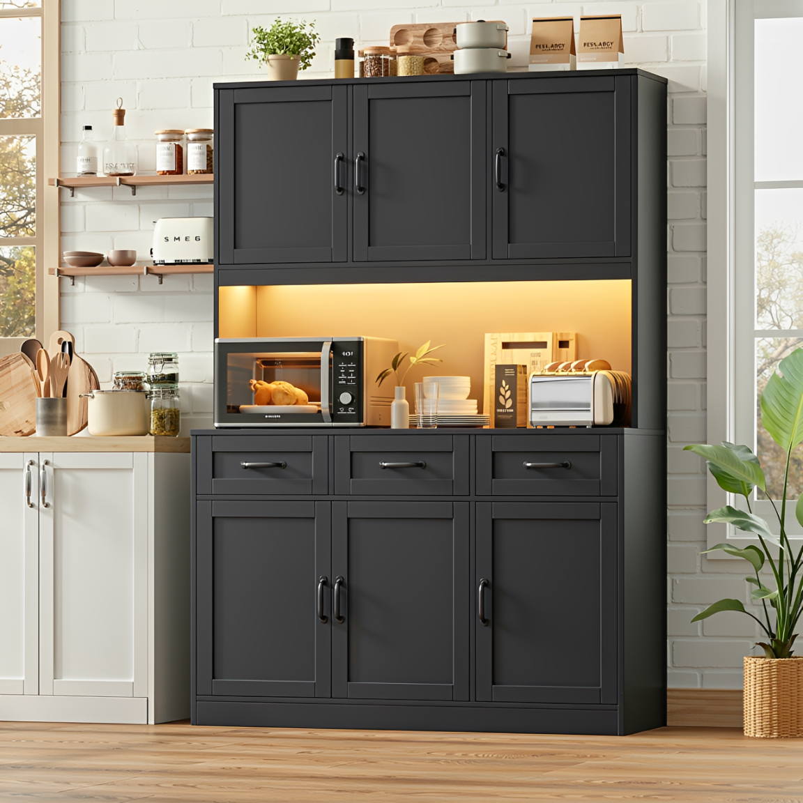 Hiphuta Kitchen Pantry Cabinet with LED Light, Kitchen Storage Cabinet with 3 Drawers and Adjustable Shelves, Kitchen Hutch for Kitchen Dining Room, Black