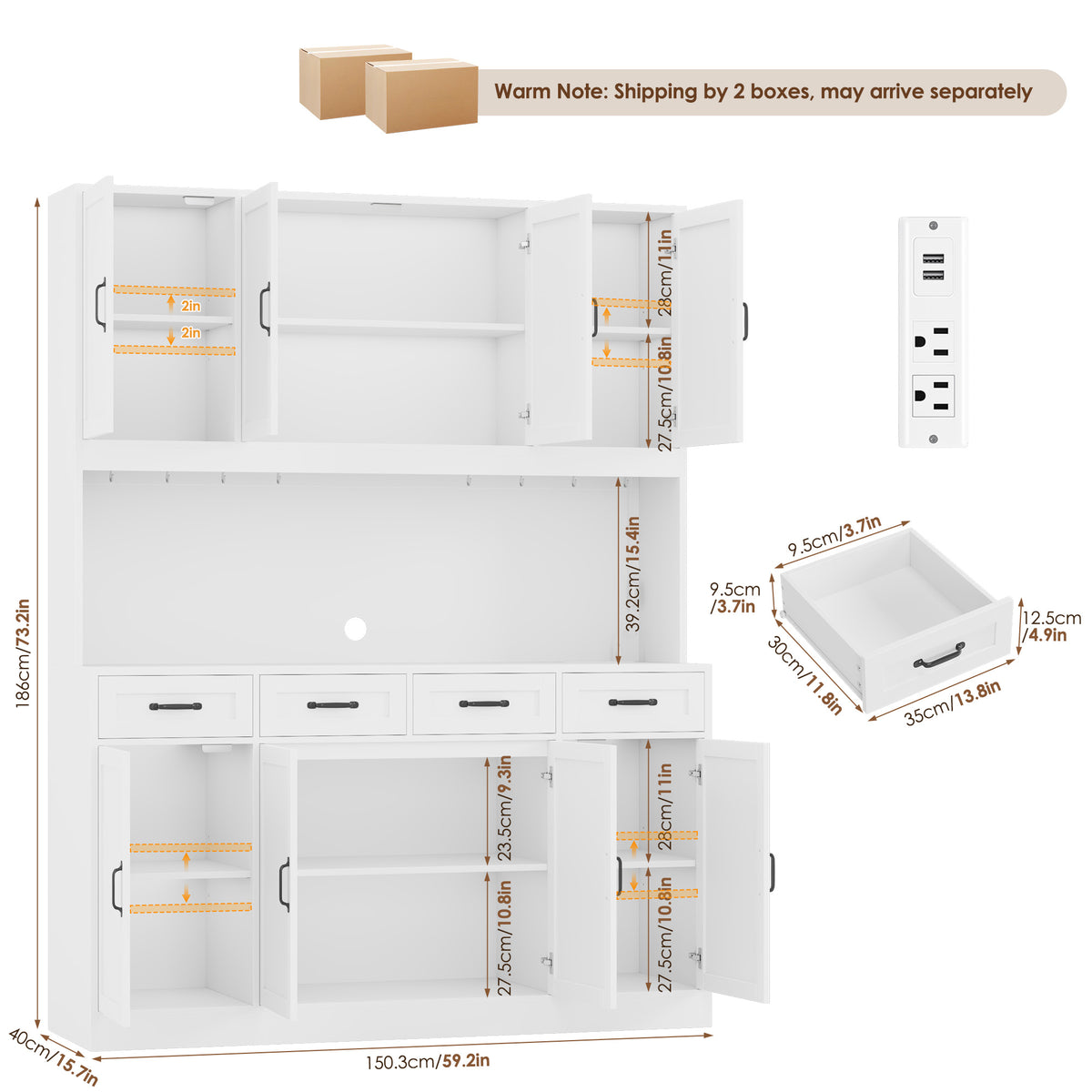 Hiphuta 59" Wide Kitchen Pantry Cabinet with 8 Doors and 4 Drawers, Extra Large Hutch Cabinet with RGB LED and Charging Station, Coffee Bar with 4 Adjustable Shelves, White