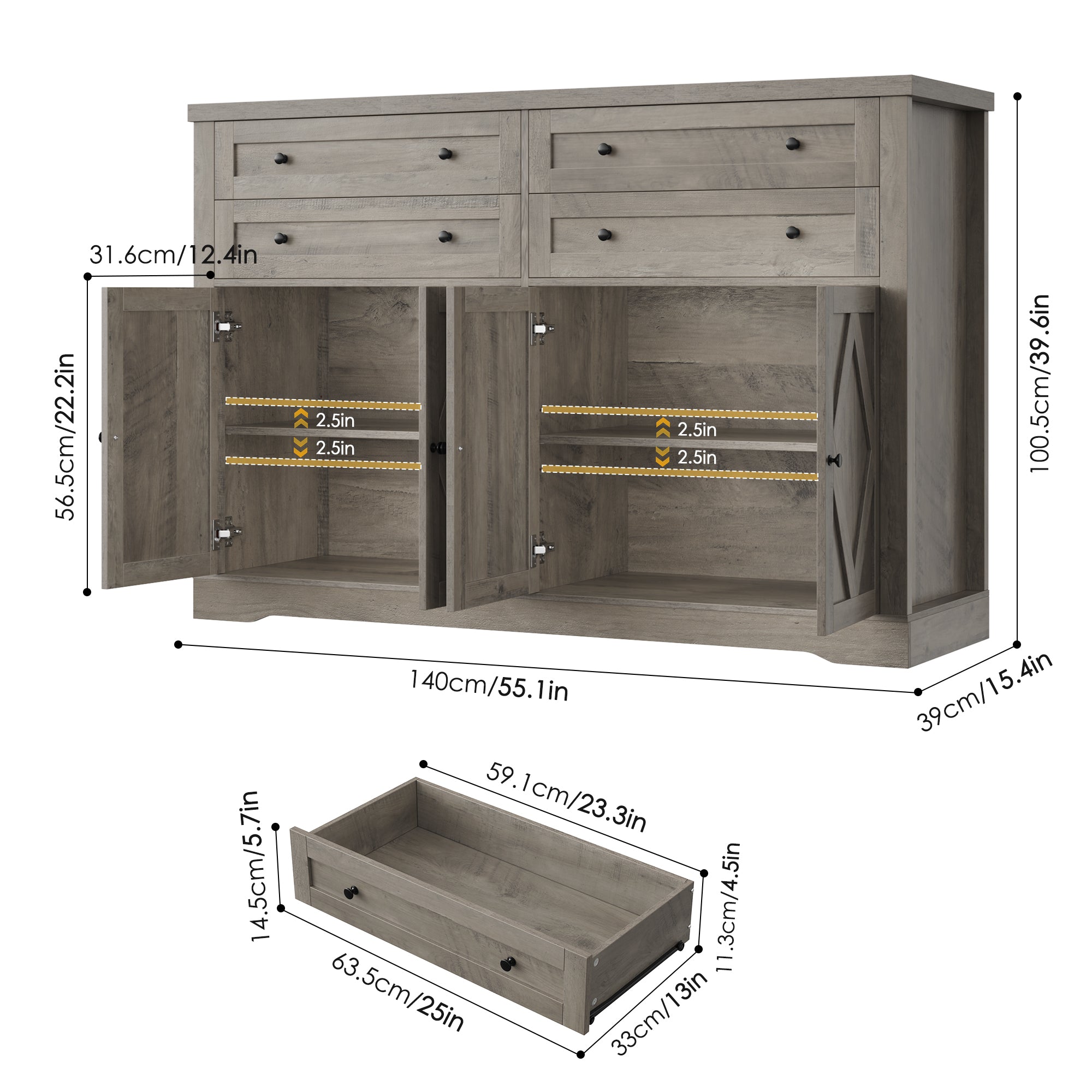 Hiphuta 55" Wide Farmhouse Buffet Storage Cabinets with 2 Adjustable Shelves & 4 Drawers for Living Room, Ash Gray