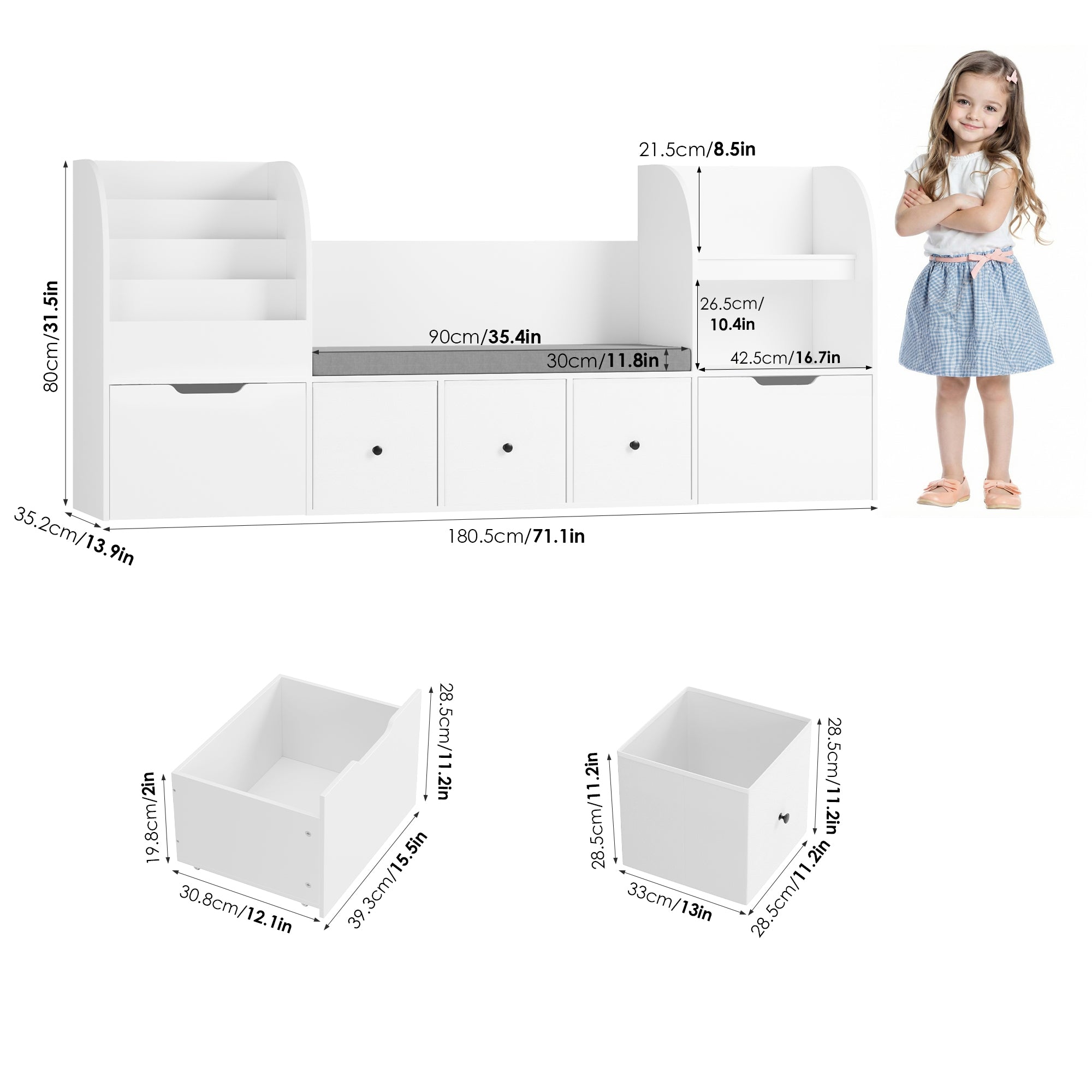 Hiphuta 71" Wide Kids Bookcase with Reading Nook, Large Toy Storage Organizer with 5 Drawers and Seat Cushion, White