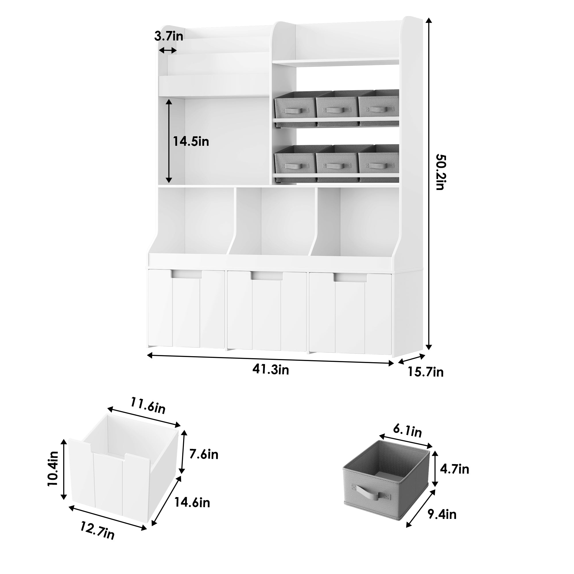 Hiphuta Kid’s Toy Storage Organizer with Book Racks & 6 Fabric Bins for Playroom, White