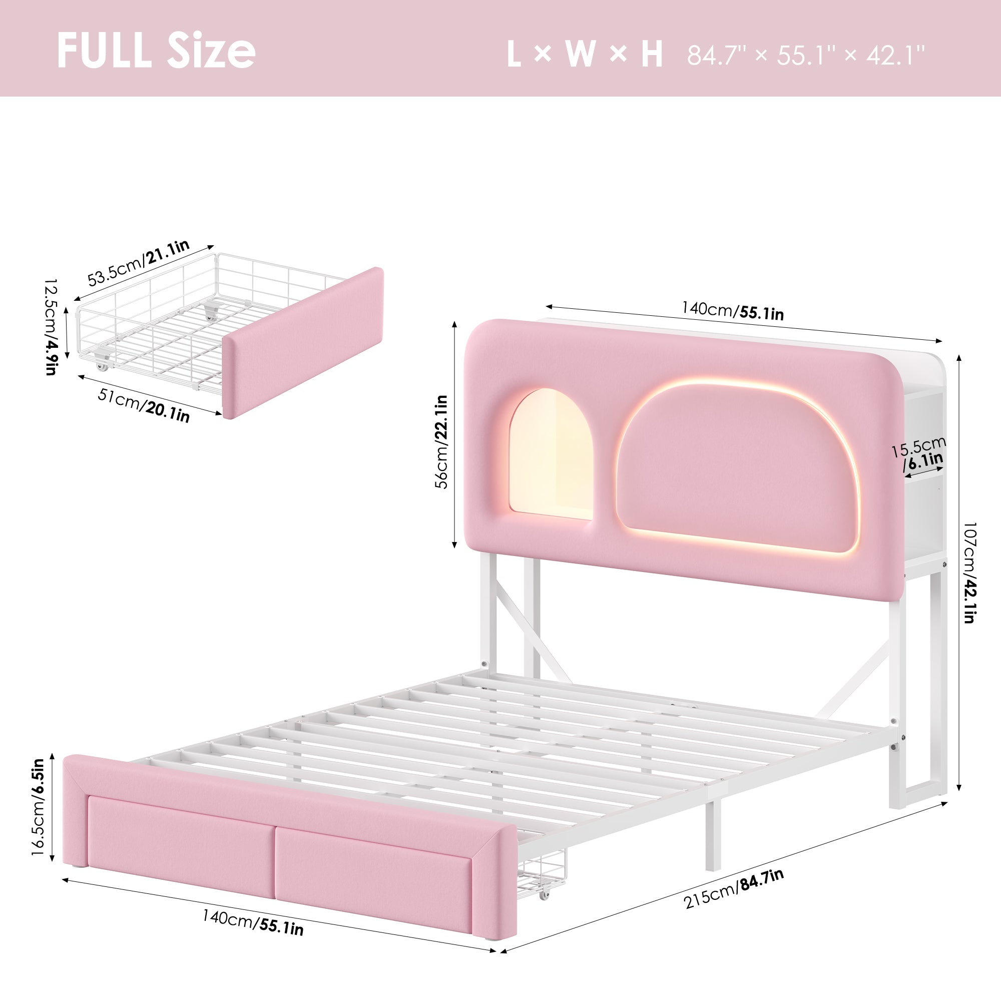 Hiphuta Full Size Bed Frame with RGB LED and Power Outlets, Velvet Upholstered Platform Bed with Drawers and Side Storage, Pink