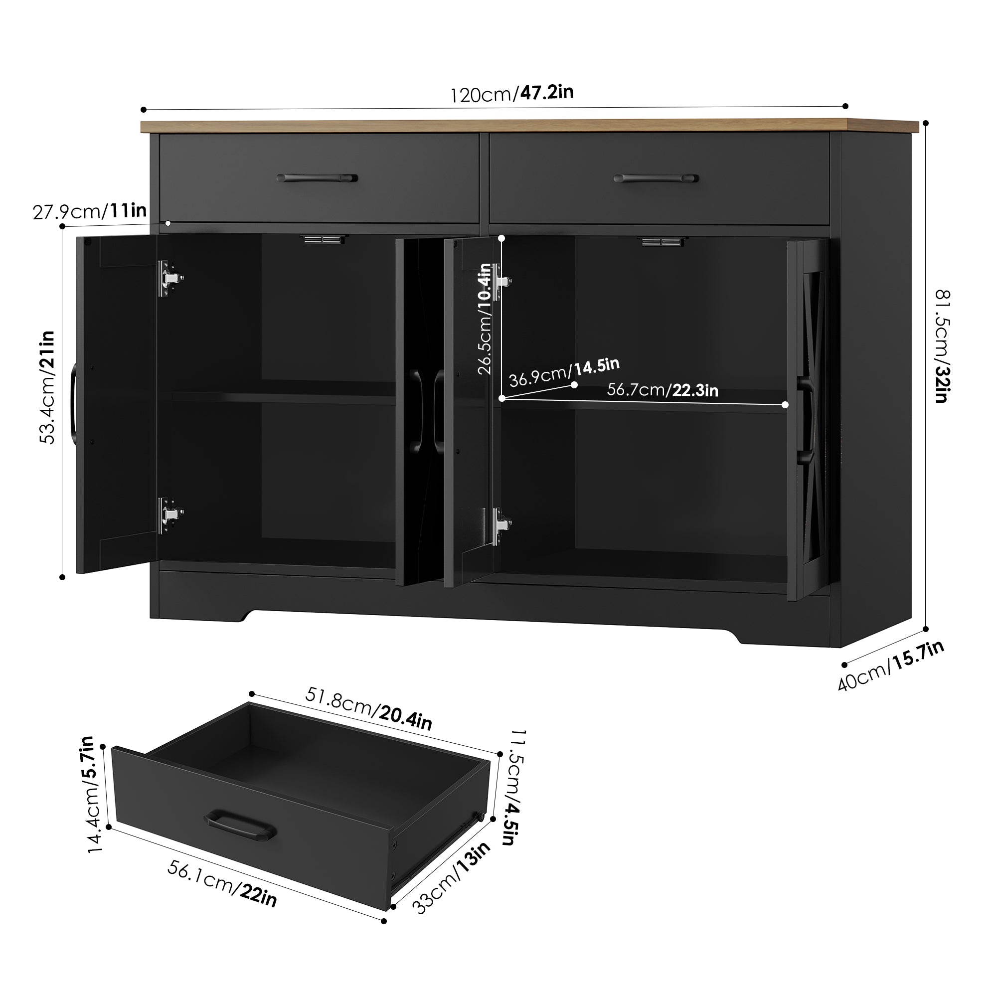 Hiphuta 47" Farmhouse Sideboard Storage Cabinets with 4 Doors & 2 Drawers, Cabinet with Brown Top for Living Room, Black