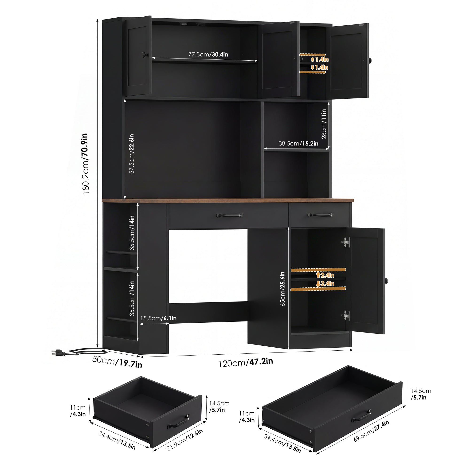 Hiphuta Executive Desk with Hutch & Power Outlets, Wood Writing Study Table with Adjustable Shelves, Home Office Computer Desk with Drawers, Black