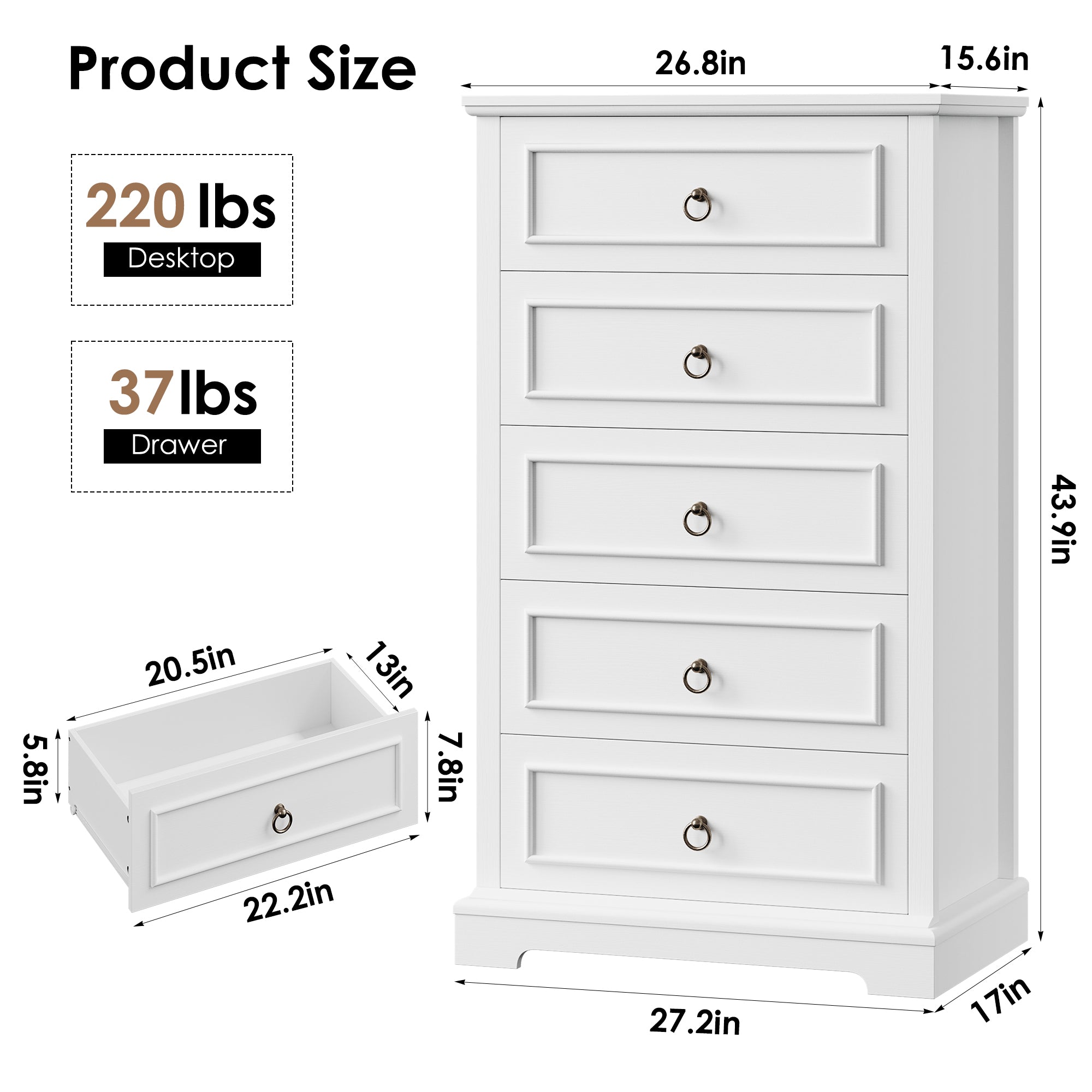 Hiphuta Modern 5 Drawers Tall Dresser for Bedroom with Metal Handle, Large Dresser Organizer, Wood Chest of Drawers, White