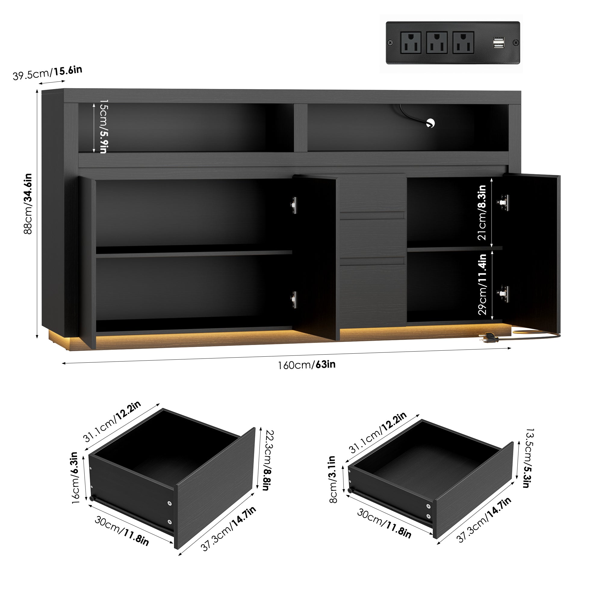 Hiphuta Farmhouse TV Stand with RGB LED, Modern Entertainment Center with Doors and Drawers, Black