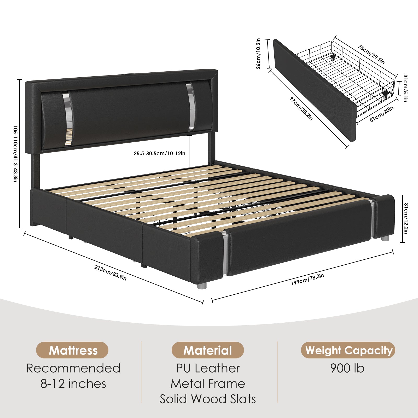 Hiphuta King Bed Frame with Adjustable Headboard & LED lights, Modern Upholstered Faux Leather Smart Platform with USB Charging Ports & 2 Drawers, Black