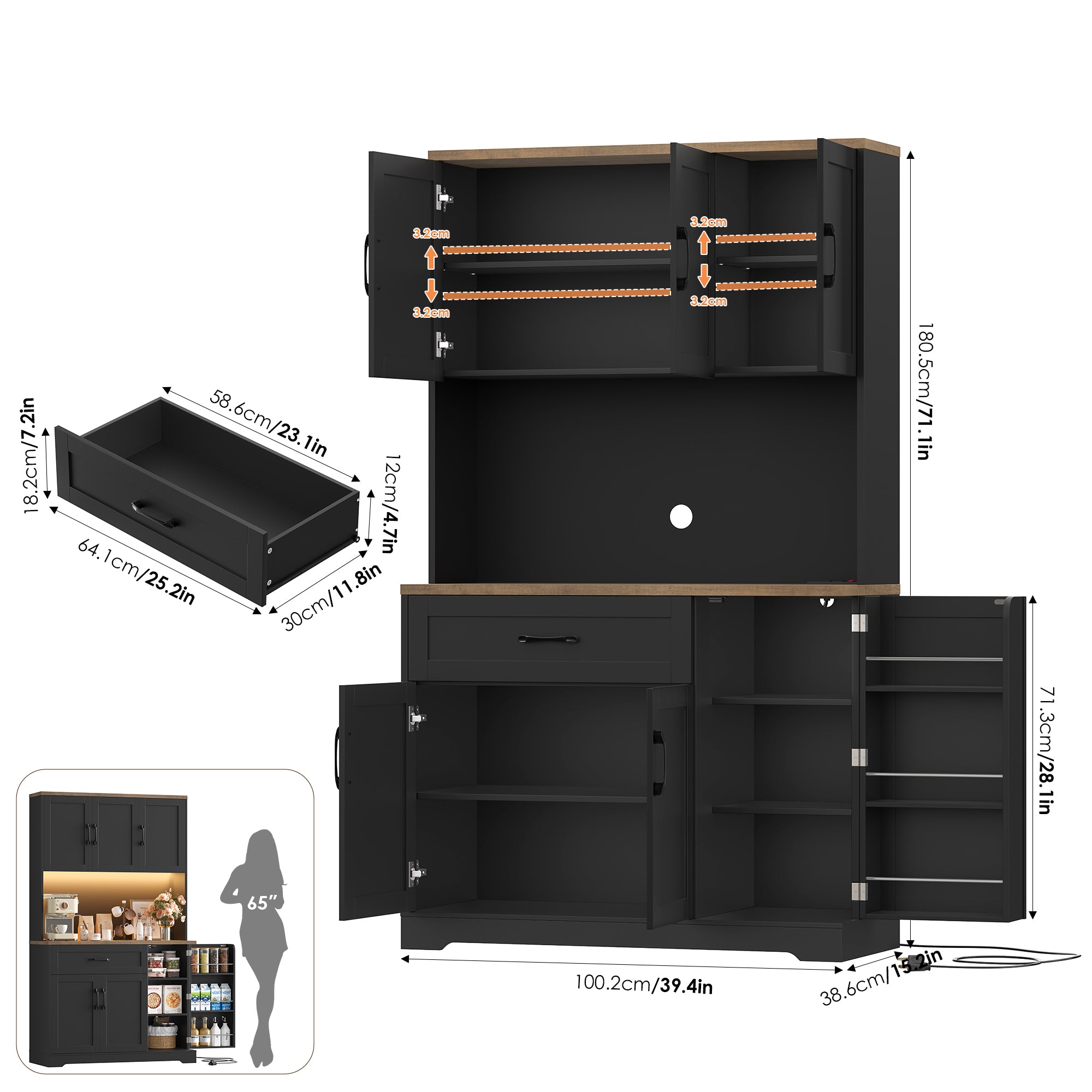 Hiphuta 71”Tall Modern Pantry Cabinet with Power Outlet & LED, Freestanding Kitchen Hutch Cabinet for Dining Room, Black