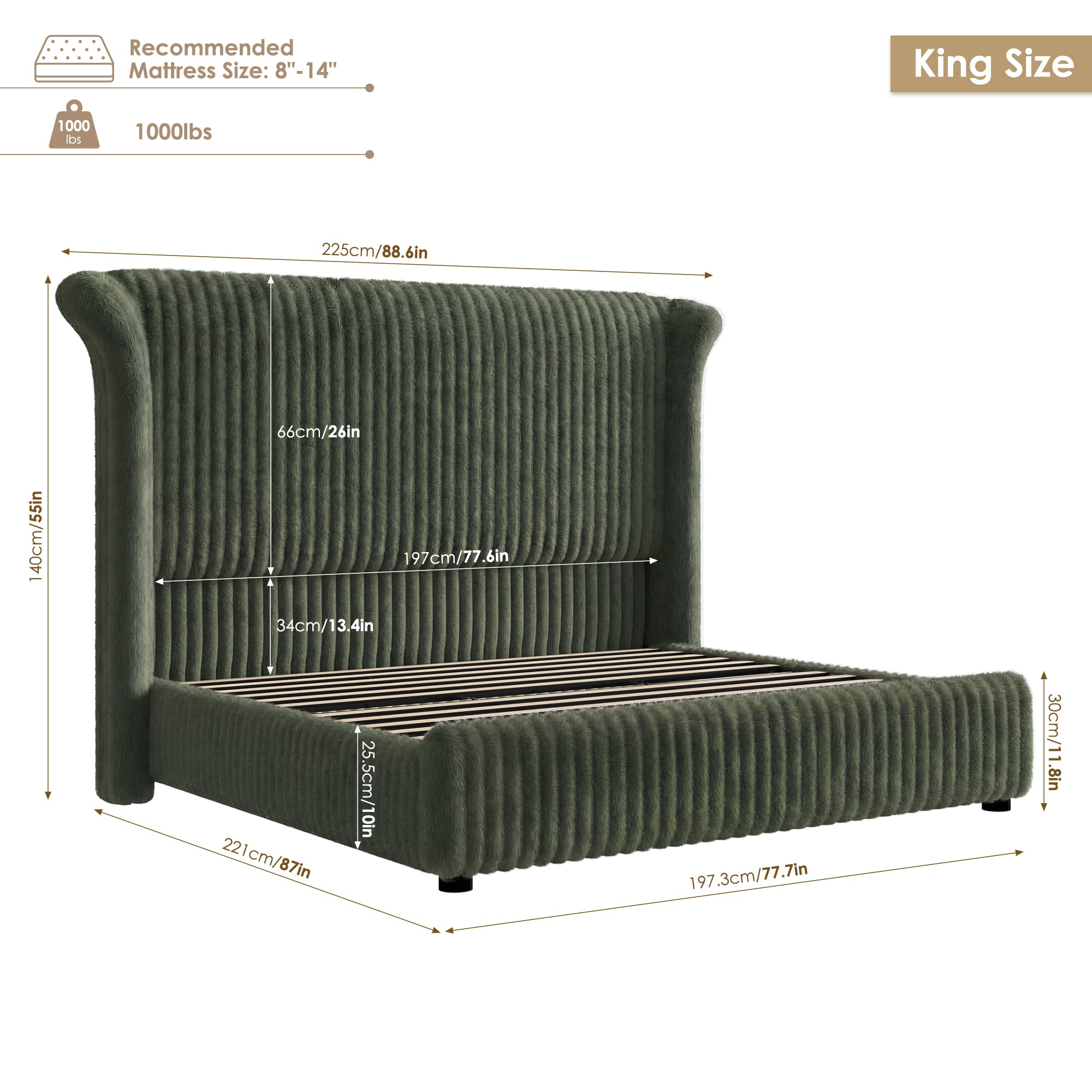 Hiphuta Modern King Size Corduroy Upholstered Bed Frame, LED Platform Bed Frame with 55"H Vertical Stripe Tufted Corduroy Velvet Wingback Headboard, Green