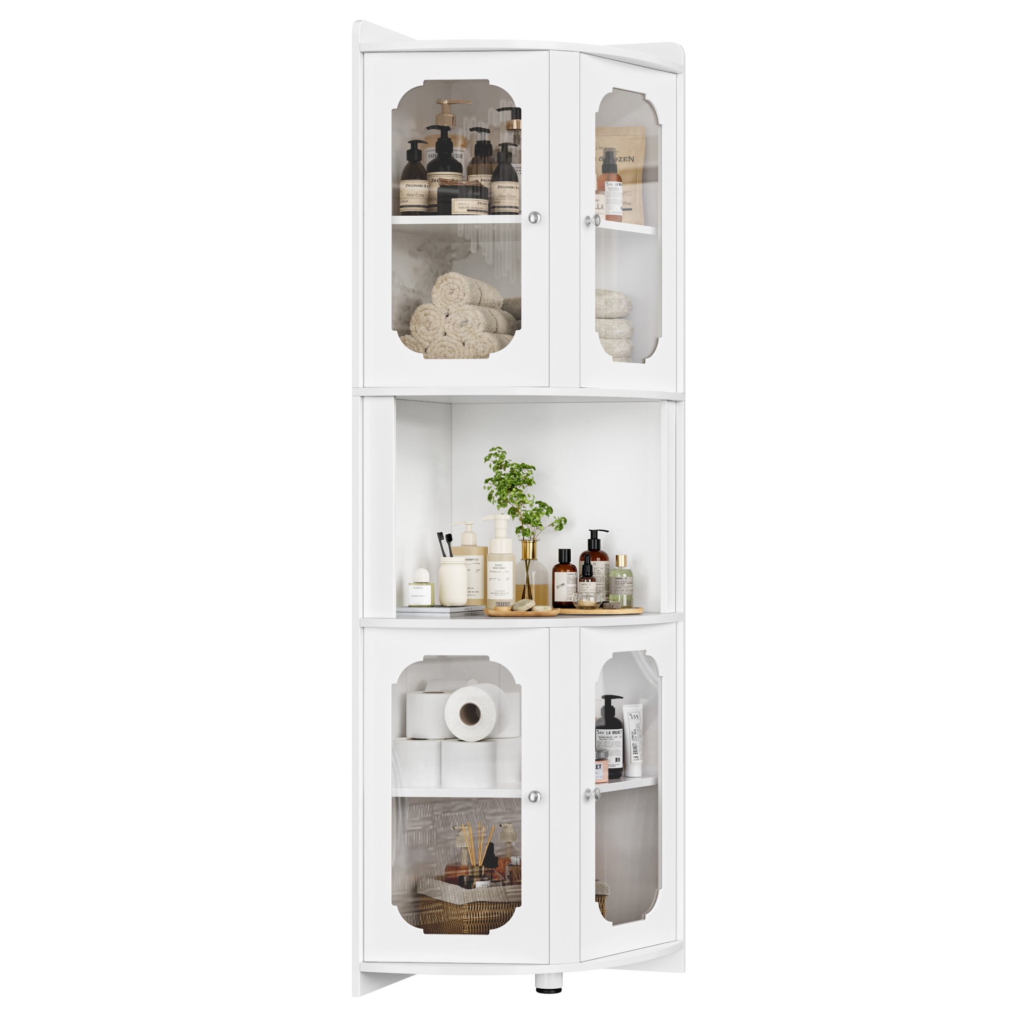 Hiphuta Tall Corner Cabinet, Bathroom Storage Cabinet with Glass Door Design & Adjustable Shelves, Home Space Saver for Bathroom, Living Room, White