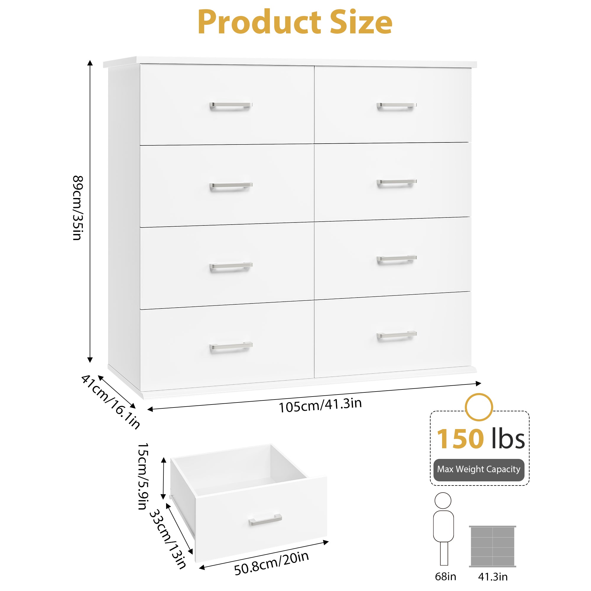 Hiphuta Modern 8 Drawer Dresser for Bedroom with Metal Handle, Large Double Dresser Organizer, Wood Chest of Drawers, White