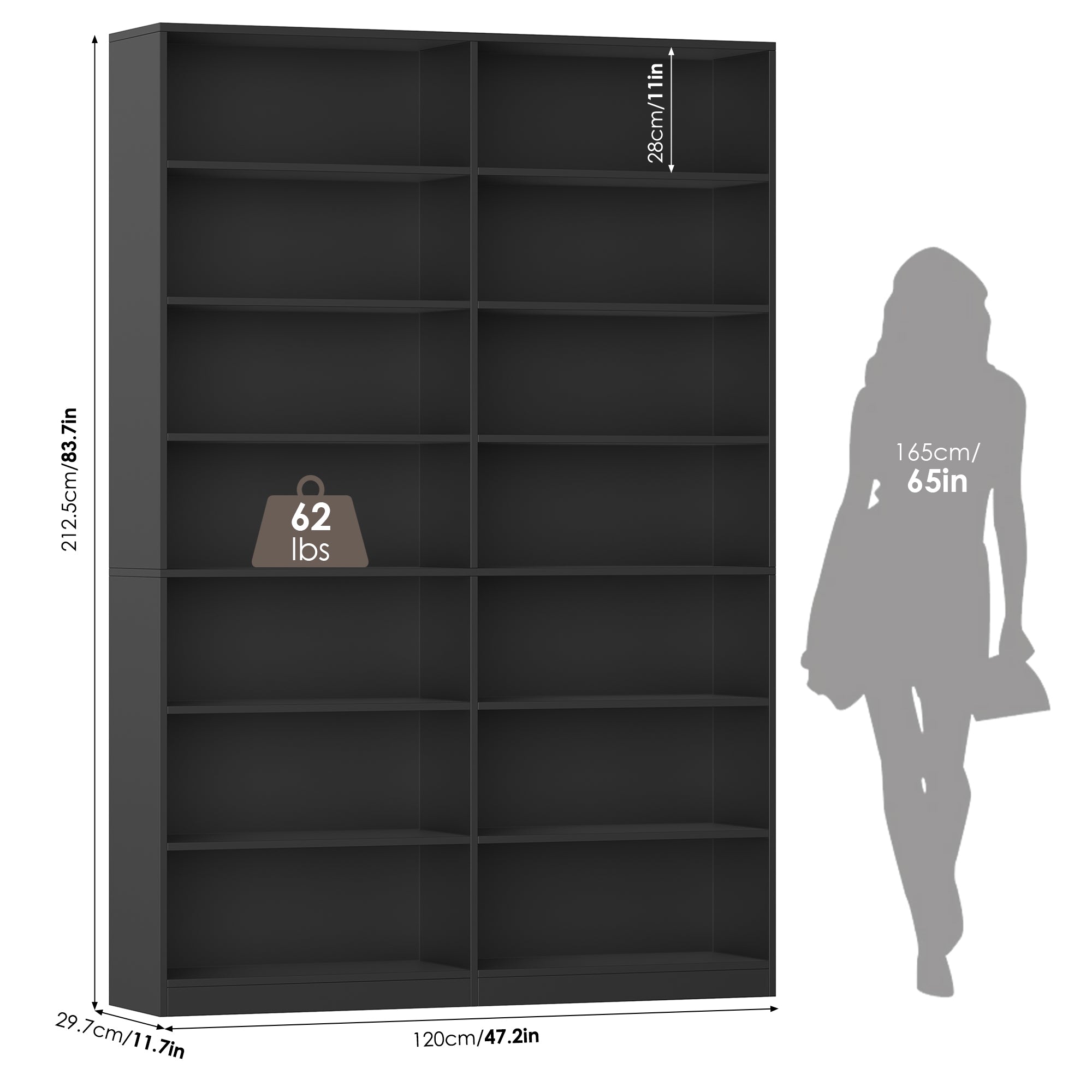Hiphuta 83.6"H x 47.2"W Wood Double 7-Tier Standard Bookcase, Tall Bookcase for Bedroom, Living Room and Office, Freestanding Display Storage Shelves, Black