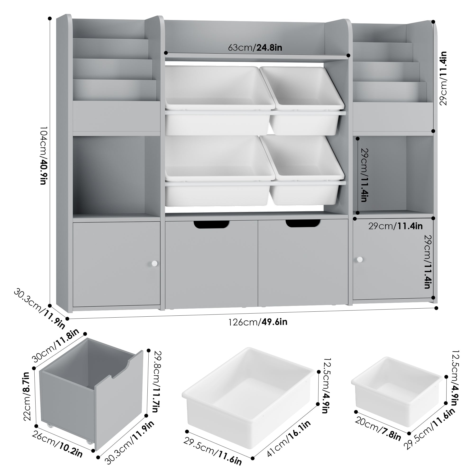 Hiphuta Kid's Toy Storage Organizer, Wood Toy Organizer of 4 Bins& 2 Removable Drawers, Children's Bookcase with Book Rack, Gray