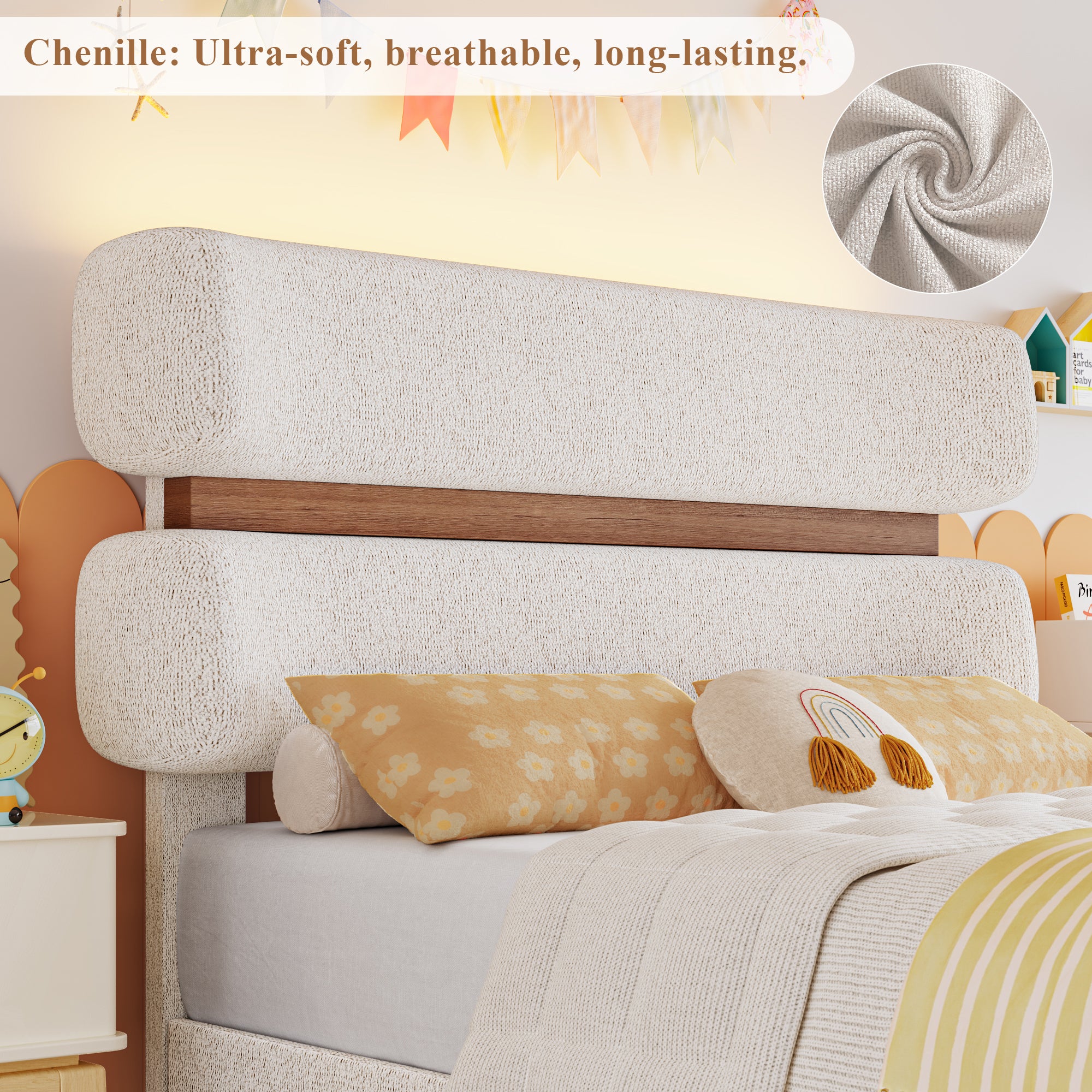 Hiphuta Chenille Twin Bed Frame, Twin Size Upholstered Beds with Storage Drawer and LED, White