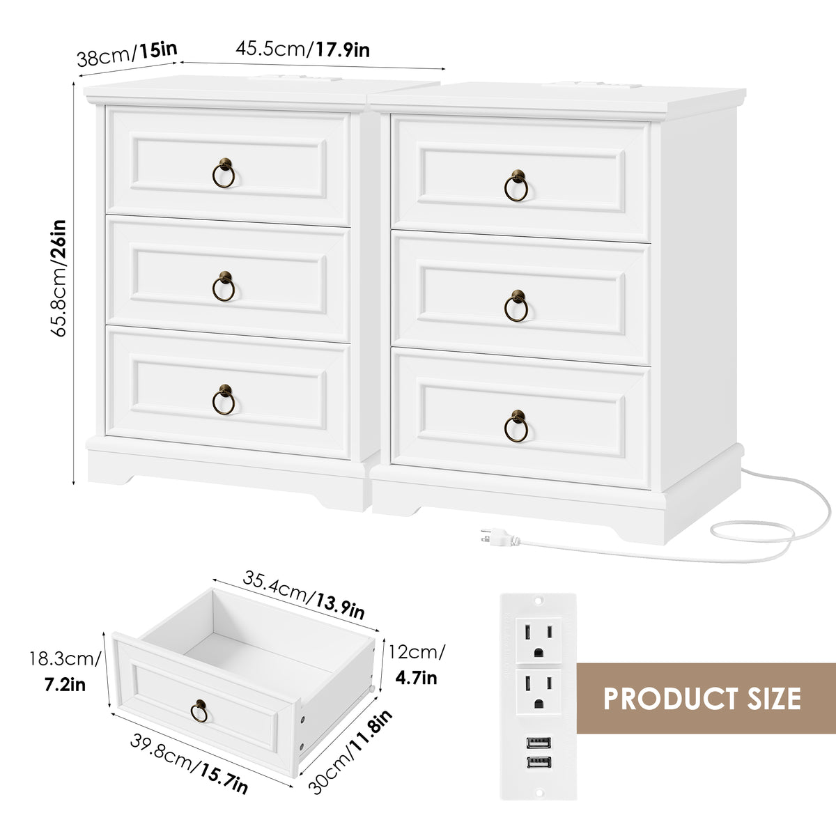 Hiphuta Set of 2 Nightstands with 3 Large Drawers, Farmhouse Sofa Tables with Charging Station, Vintage Bedside Tables for Bedroom and Living Room, White