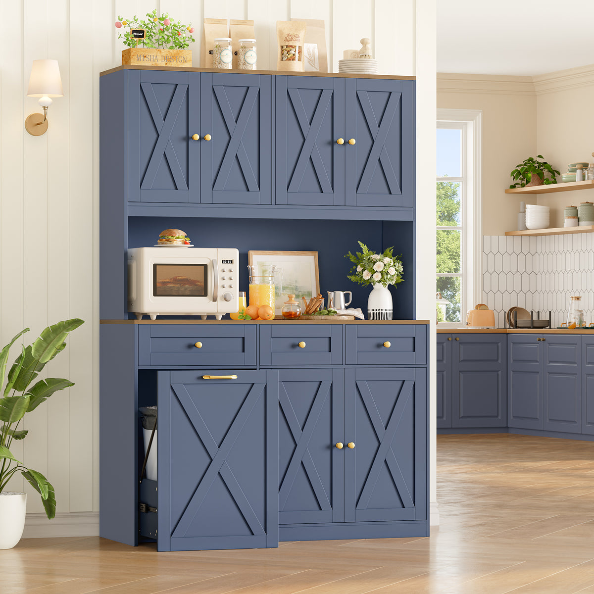 Hiphuta 73” Tall Kitchen Pantry Cabinet Fits 13 Gallon Trash Can Cabinet, Farmhouse Kitchen Storage Hutch with Pull Out Trash Can Storage for Dining Room Living Room, Dark Blue