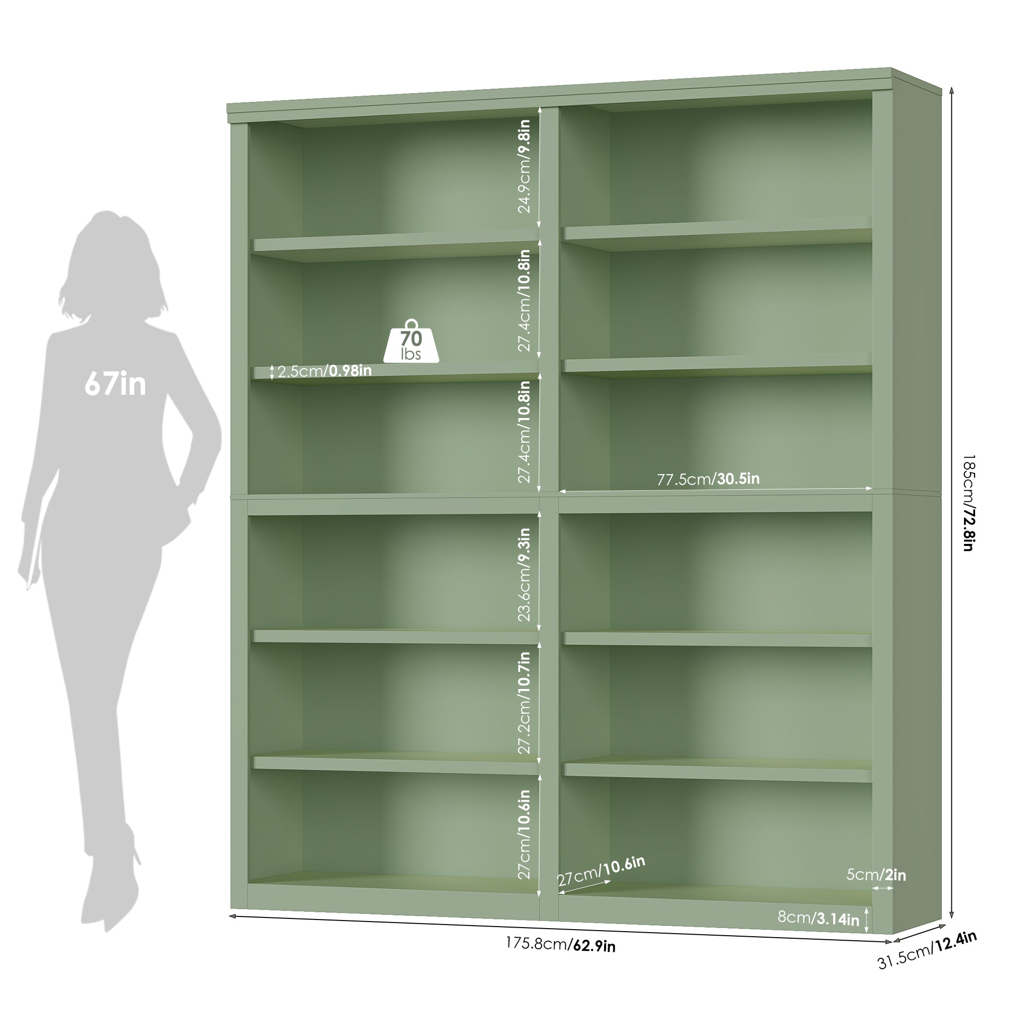 Hiphuta 63"W Extra Large and Sturdy Bookcase, Double Wide 6-Tier Bookshelf, Tall Bookcase for Home Office and Living Room, Wooden Freestanding Display Shelf, Green