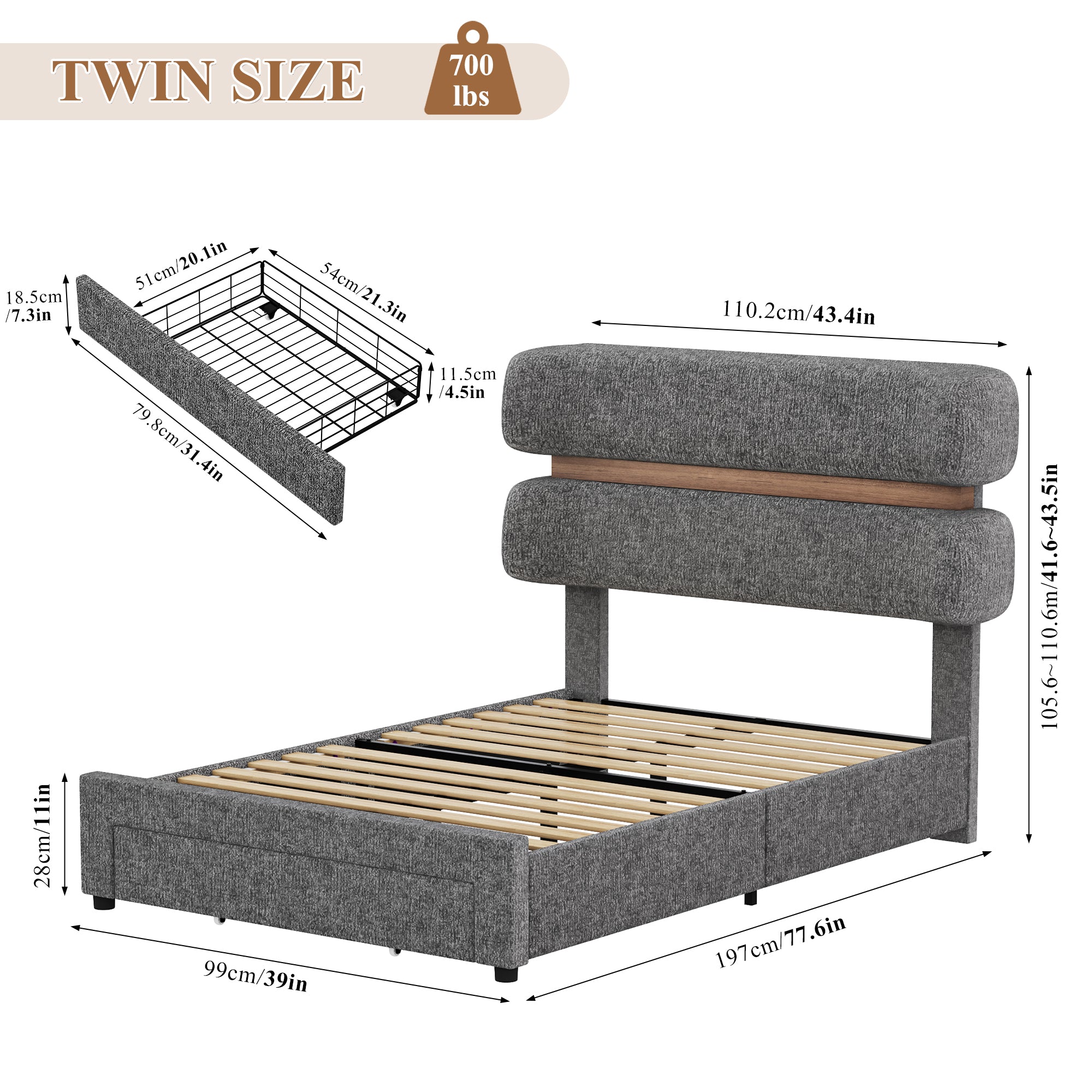 Hiphuta Chenille Twin Bed Frame, Twin Size Upholstered Beds with Storage Drawer and LED, Gray