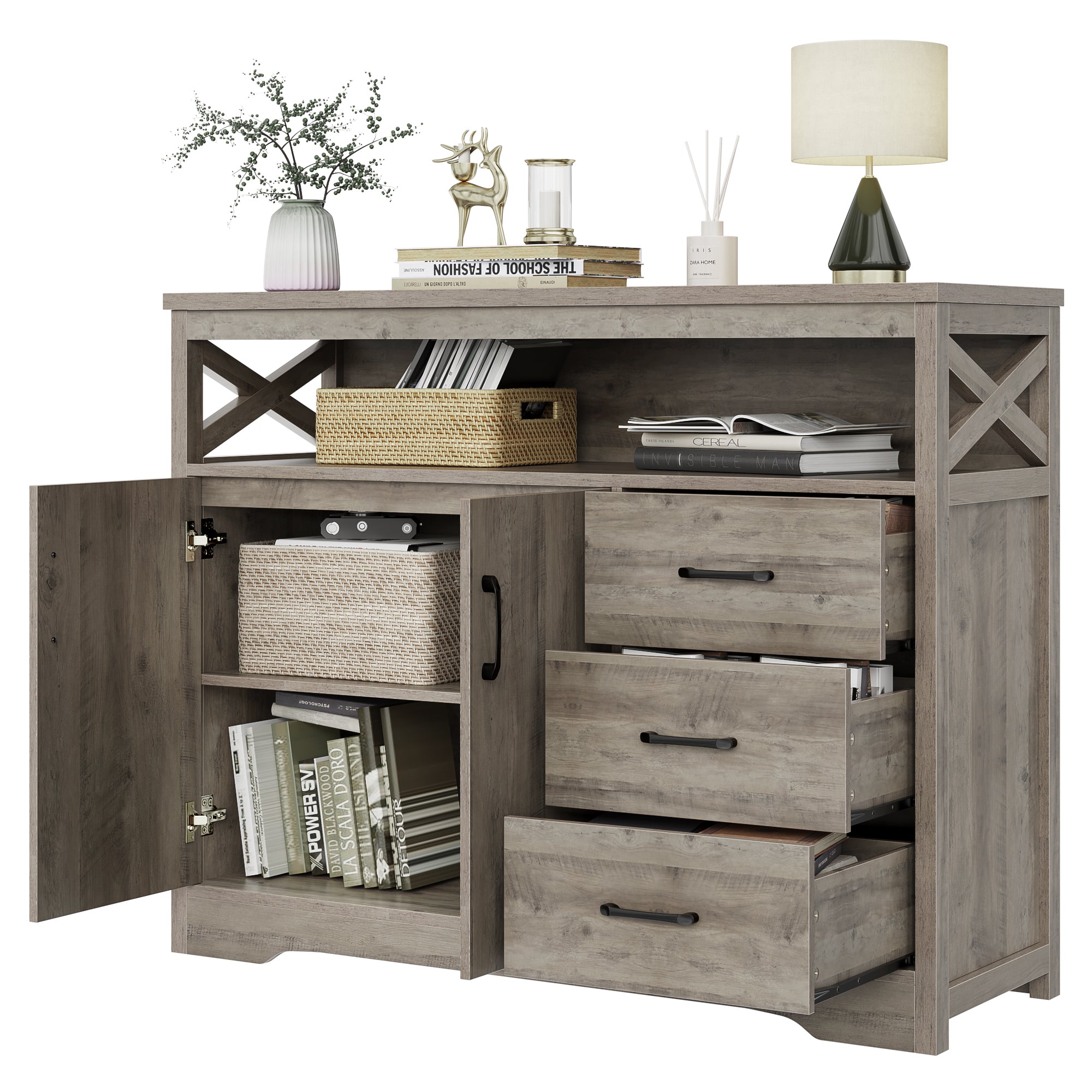 Hiphuta 47.2” Wide Buffet Sideboard, Farmhouse 3 Drawer Credenza Cabinet with 2 Doors, Ash Gray