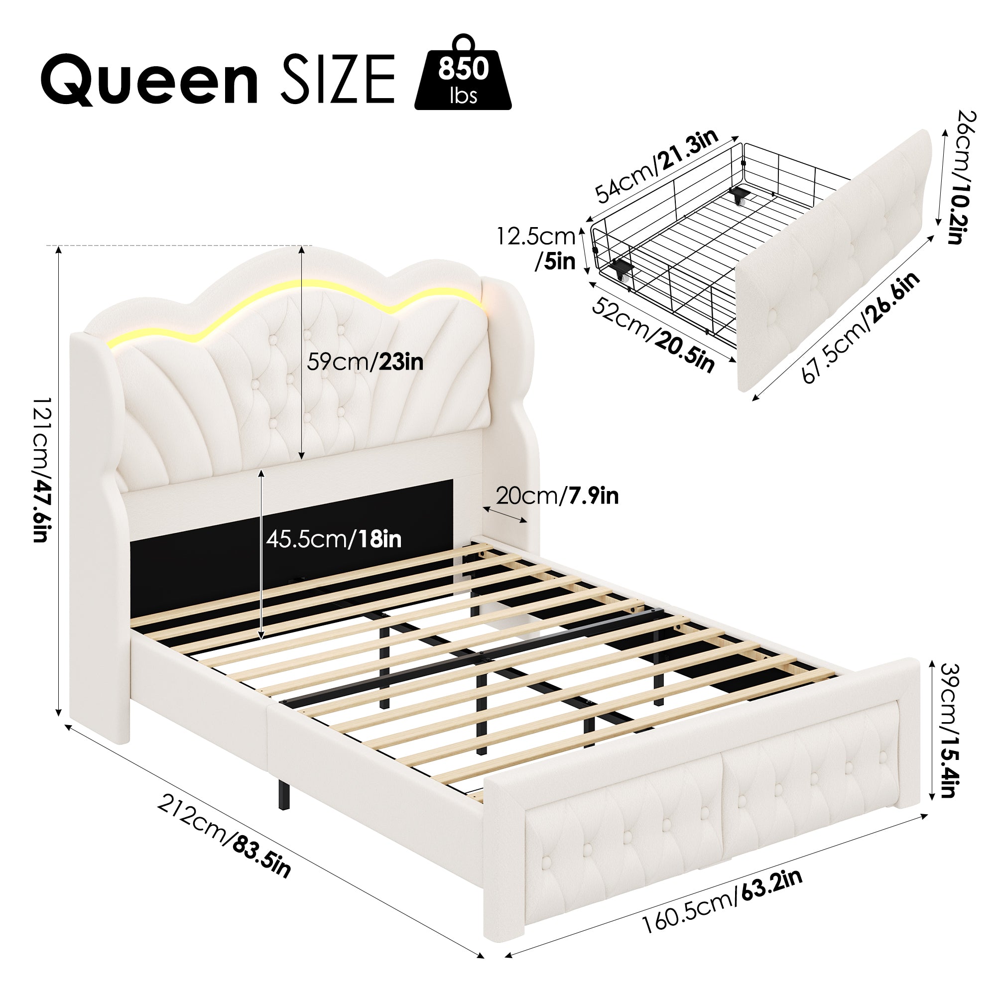 Hiphuta Queen LED Bed with 2 Drawers, LED Lights Platform Bed Frame with Upholstered Button Tufted Headboard, No Box Spring Needed, Velvet White