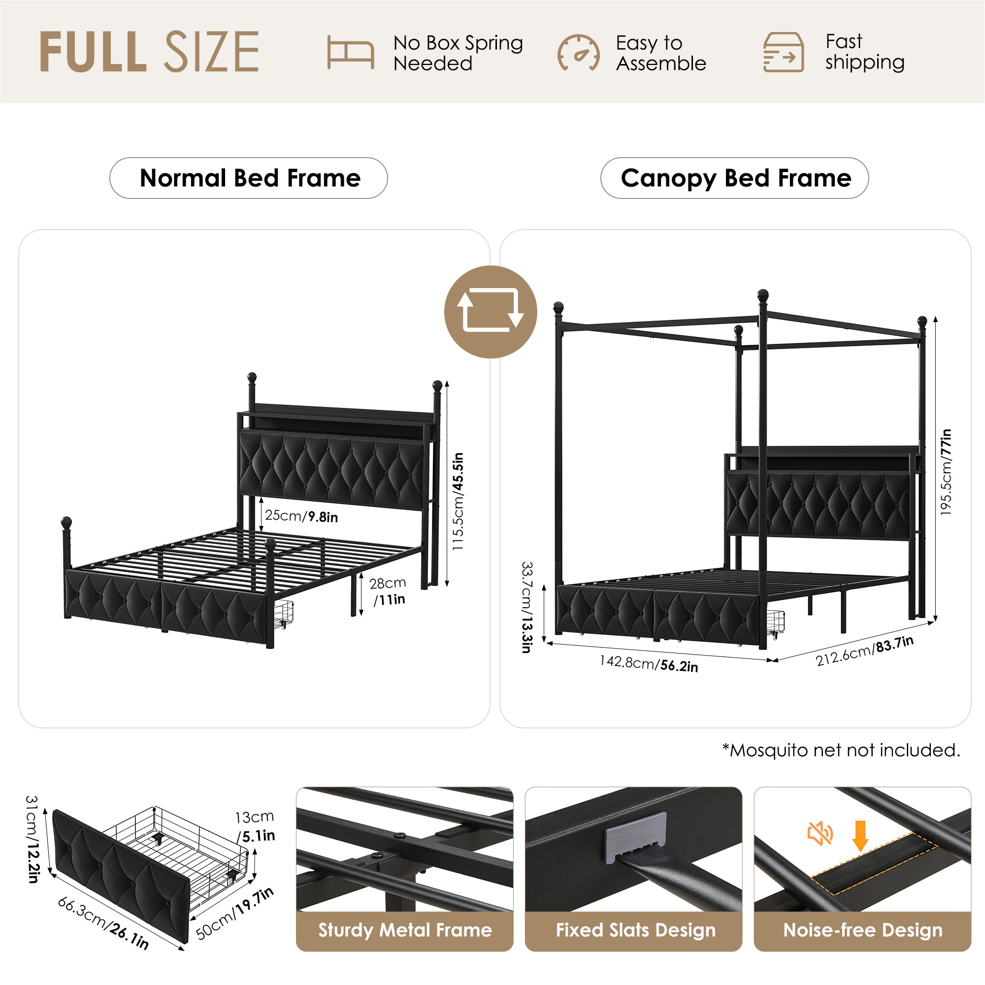 Hiphuta Full Size Upholstered Canopy Bed with Charging Station & Storage Drawer,Button Tufted Headboard with LED Light, Full Bed Frames, Black
