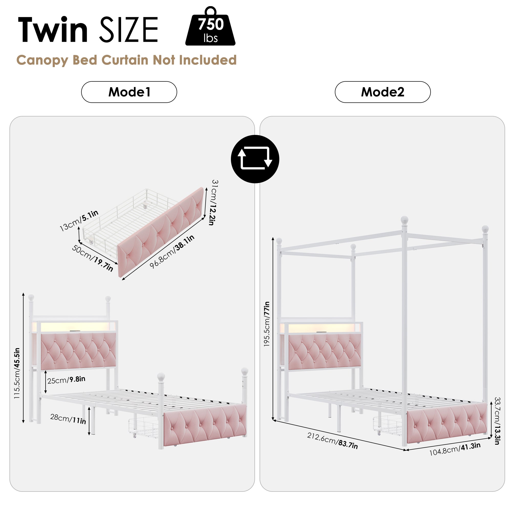 Hiphuta Twin Size Upholstered Princess Canopy Bed with Charging Station & Storage Drawer, LED Platform Bed with 4 Removable Posts, Twin Bed for Kids, Curtain Not Included, Pink