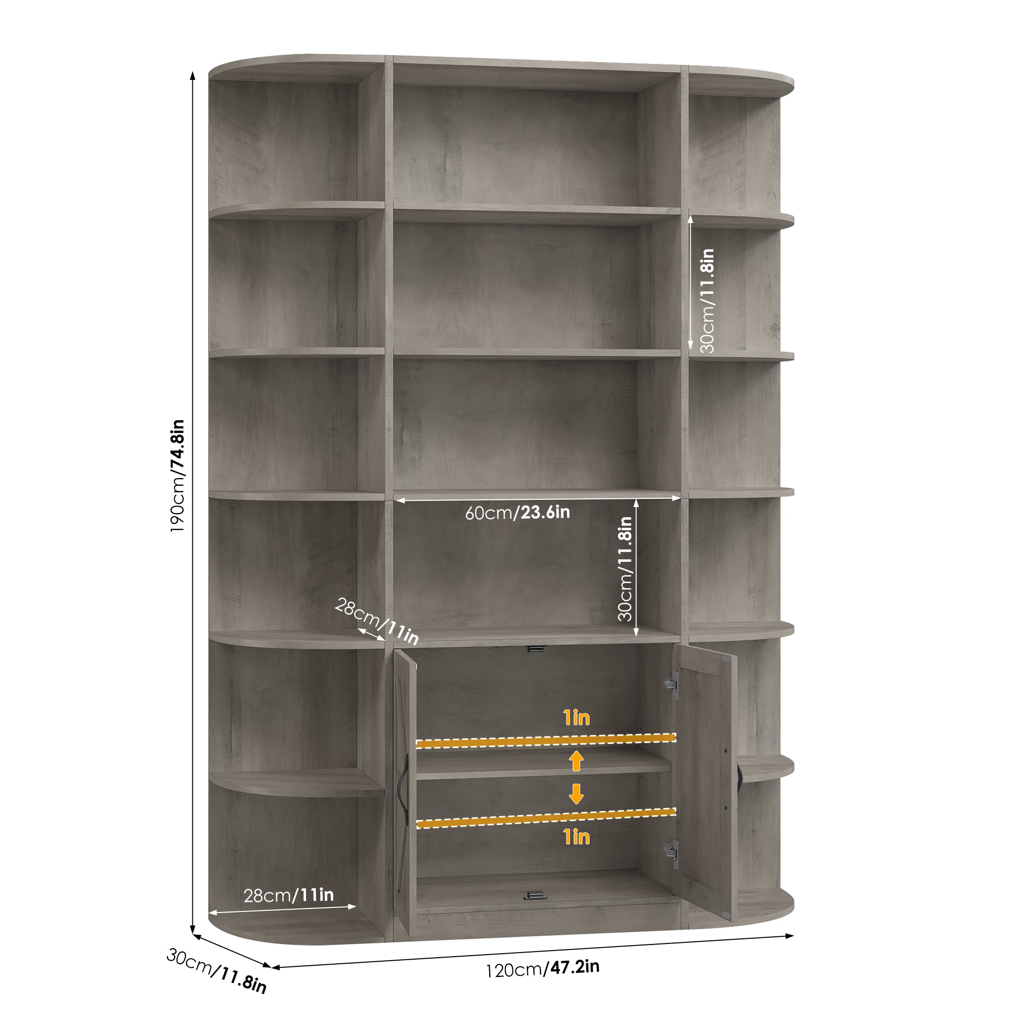 Hiphuta 74.8”Tall Bookcases with Cabinet, Extra Large 6-Tier Wooden Bookshelf for Living Room, Display Bookshelf for Home Office, Ash Gray