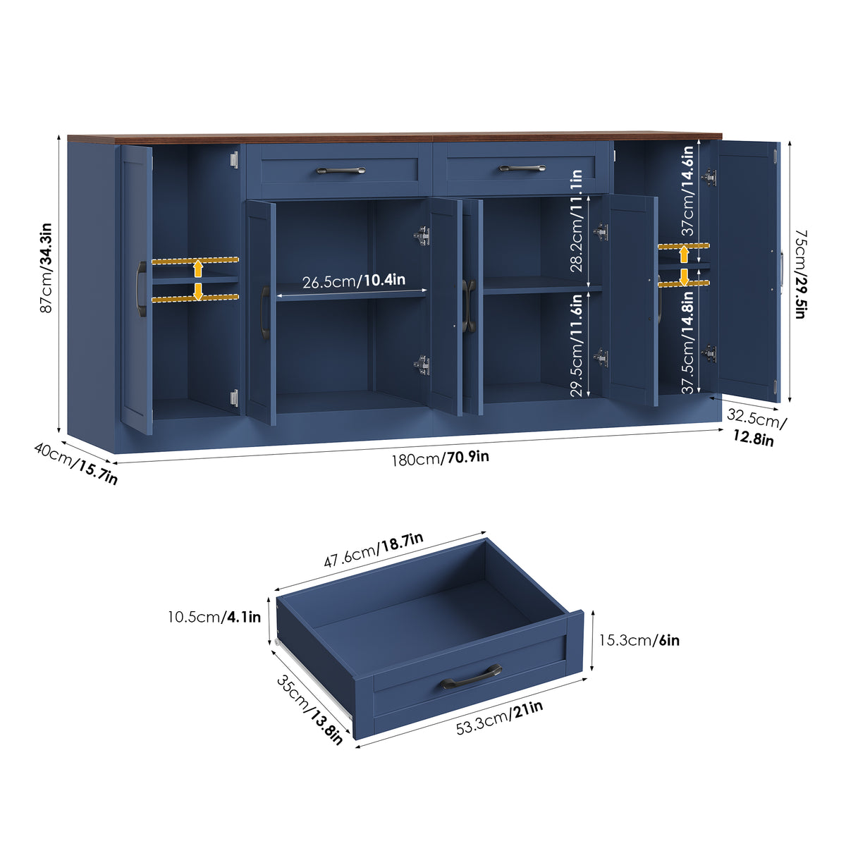 Hiphuta 70.8"W Large Buffet Cabinet with 6 Doors, Modern Farmhouse Sideboard with 2 Drawers, Coffee Bar for Kitchen Dining Room Living Room, Blue