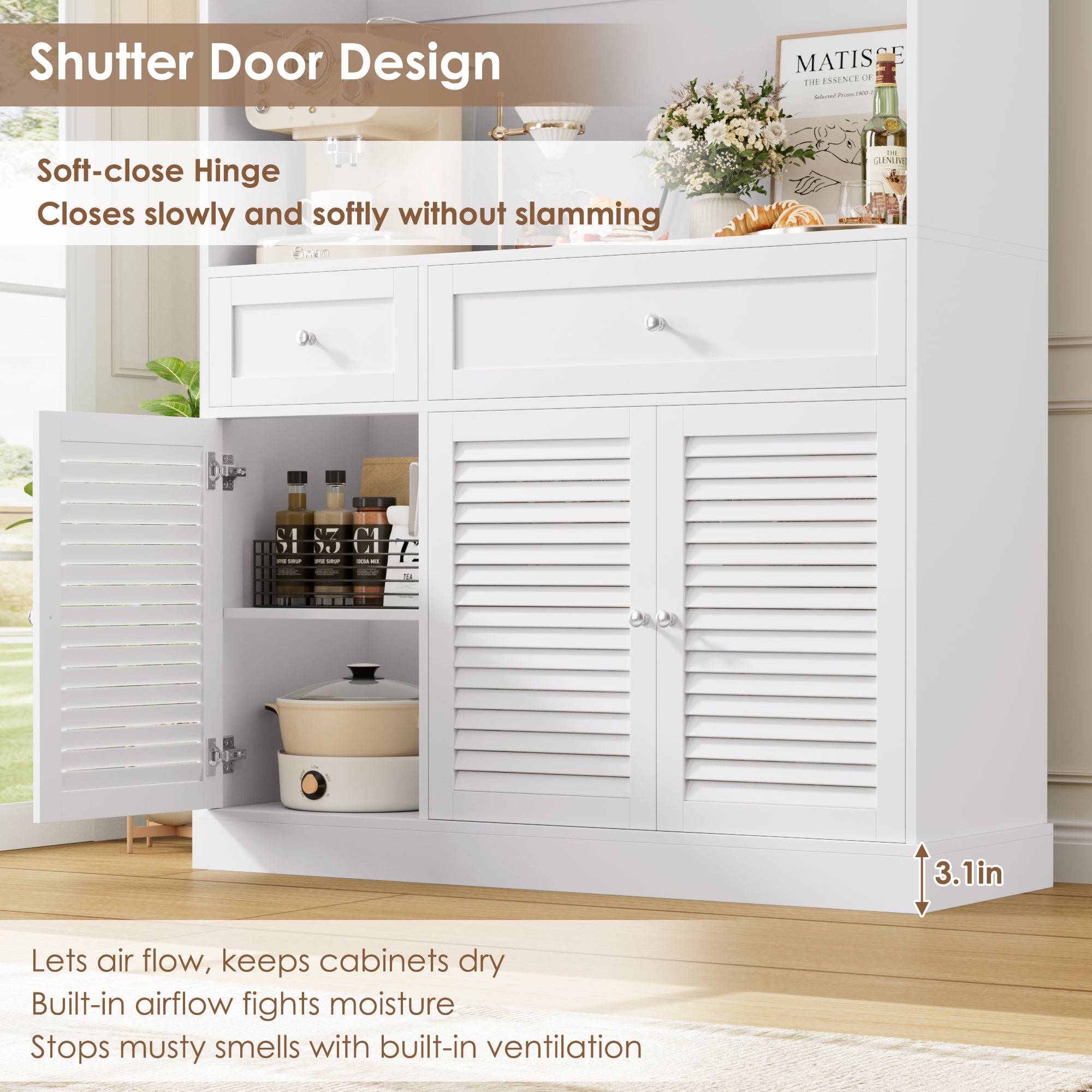 Hiphuta 70” Tall Modern Pantry Cabinet with Adjustable Shelves, Freestanding Kitchen Hutch Cabinet with Louvered Door for Dining Room, White