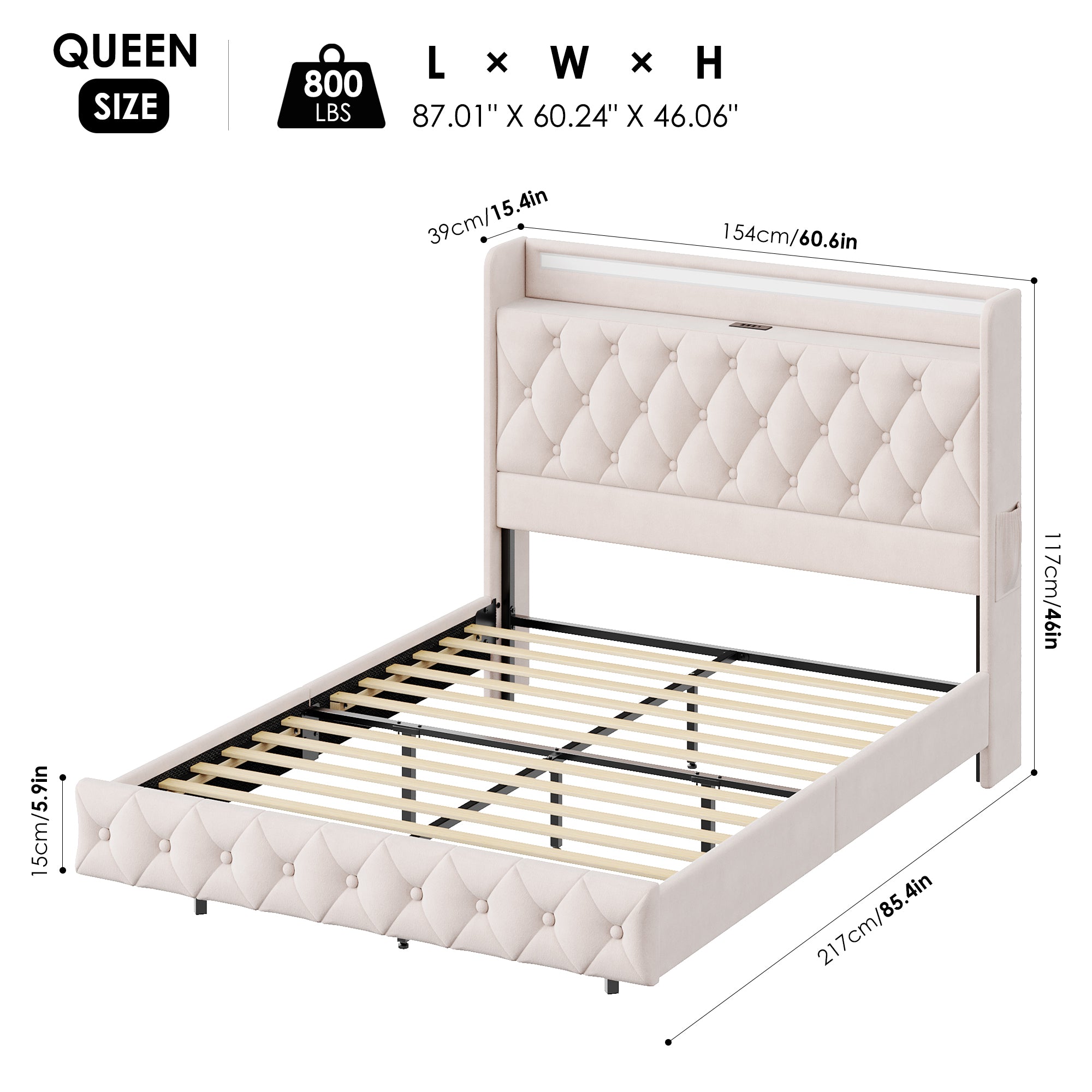 Hiphuta Queen Size Floating Bed Frame with LED Lights, Velvet Leather Platform Bed with Charging Station & Button Tufted Headboard Storage, No Box Spring Needed, White