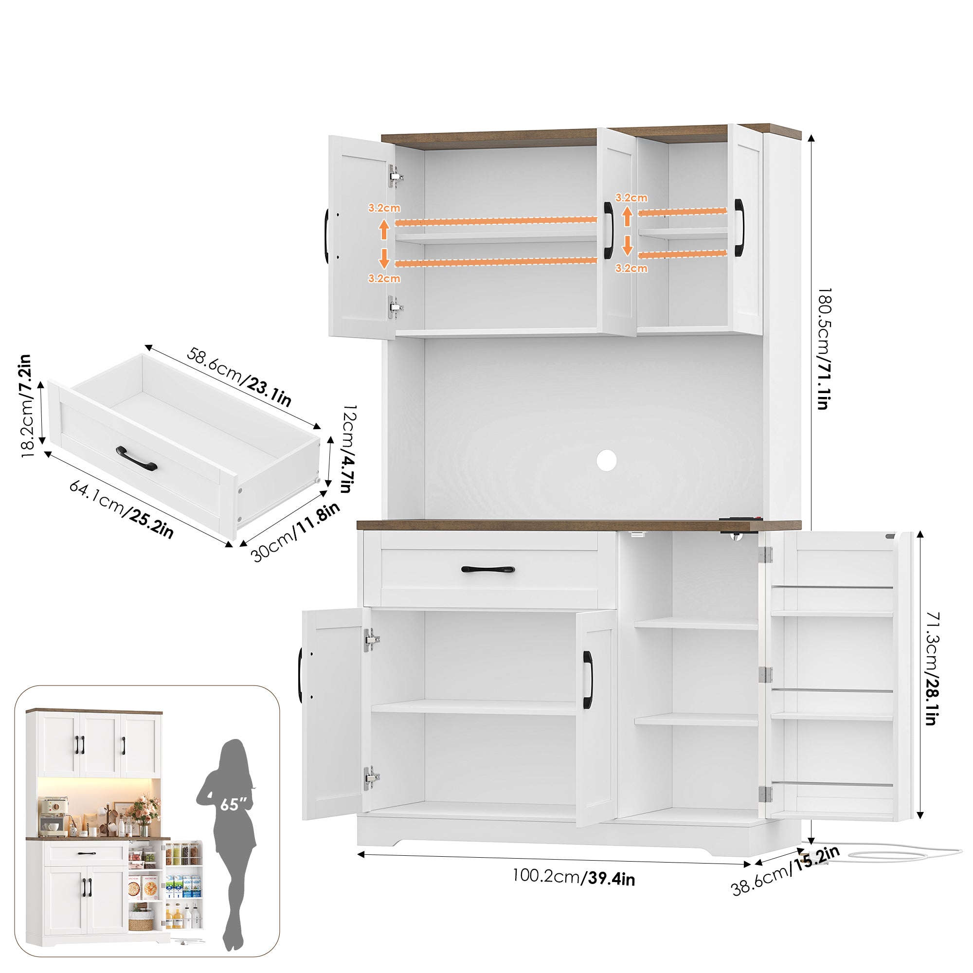 Hiphuta 71”Tall Modern Pantry Cabinet with Power Outlet & LED, Freestanding Kitchen Hutch Cabinet for Dining Room, White