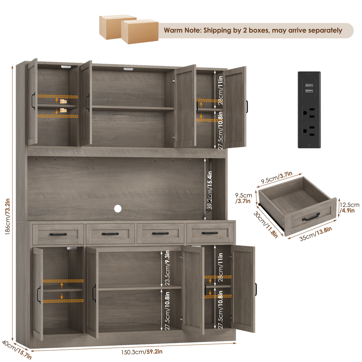 Hiphuta 59" Wide Kitchen Pantry Cabinet with 8 Doors and 4 Drawers, Extra Large Hutch Cabinet with RGB LED and Charging Station, Coffee Bar with 4 Adjustable Shelves, Gray