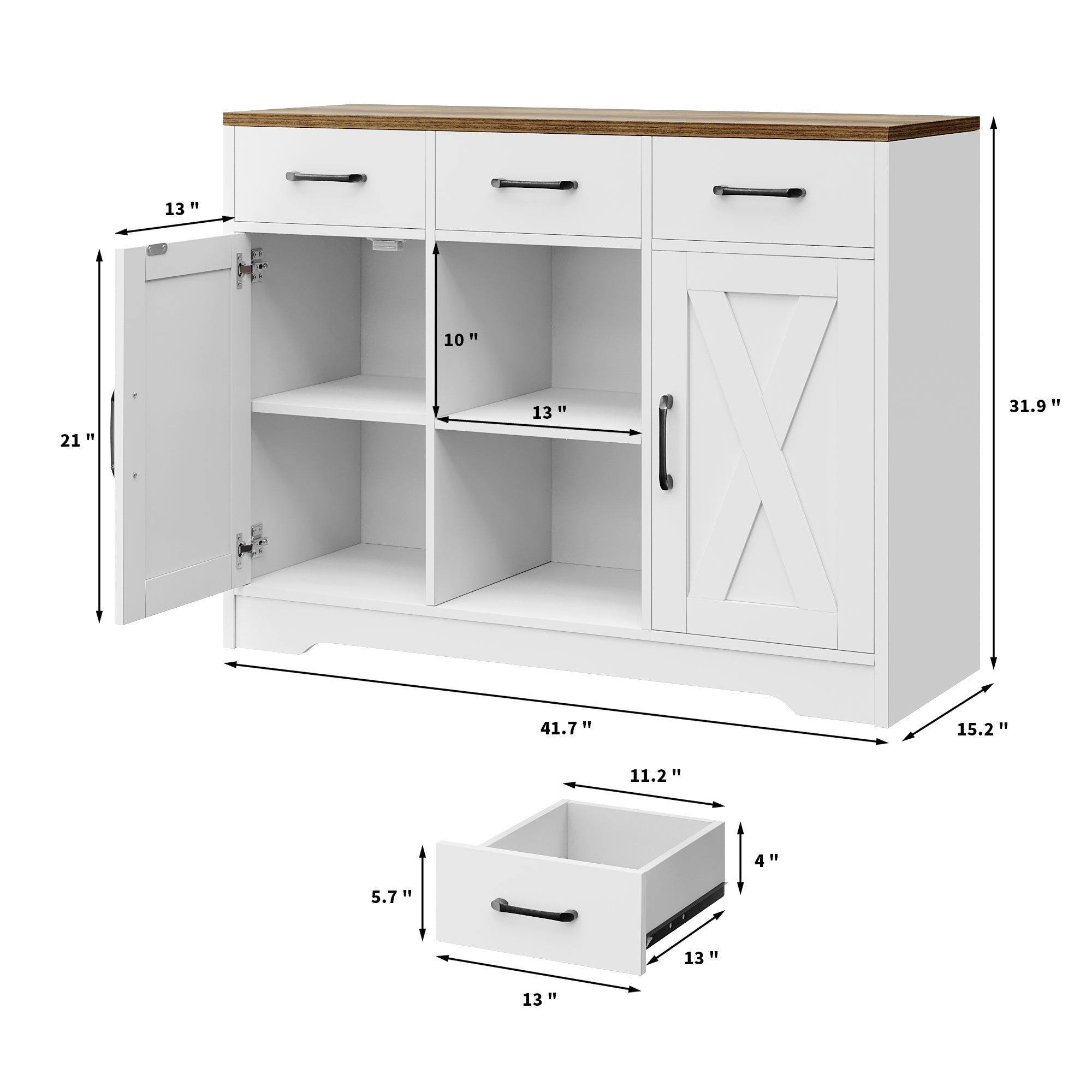 Hiphuta 41.7” Wide Farmhouse Buffet Sideboard, Wooden Credenza with 2-Tier Adjustable Shelves & 3 Drawers, Floor Cabinet Cupboard for Kitchen, White