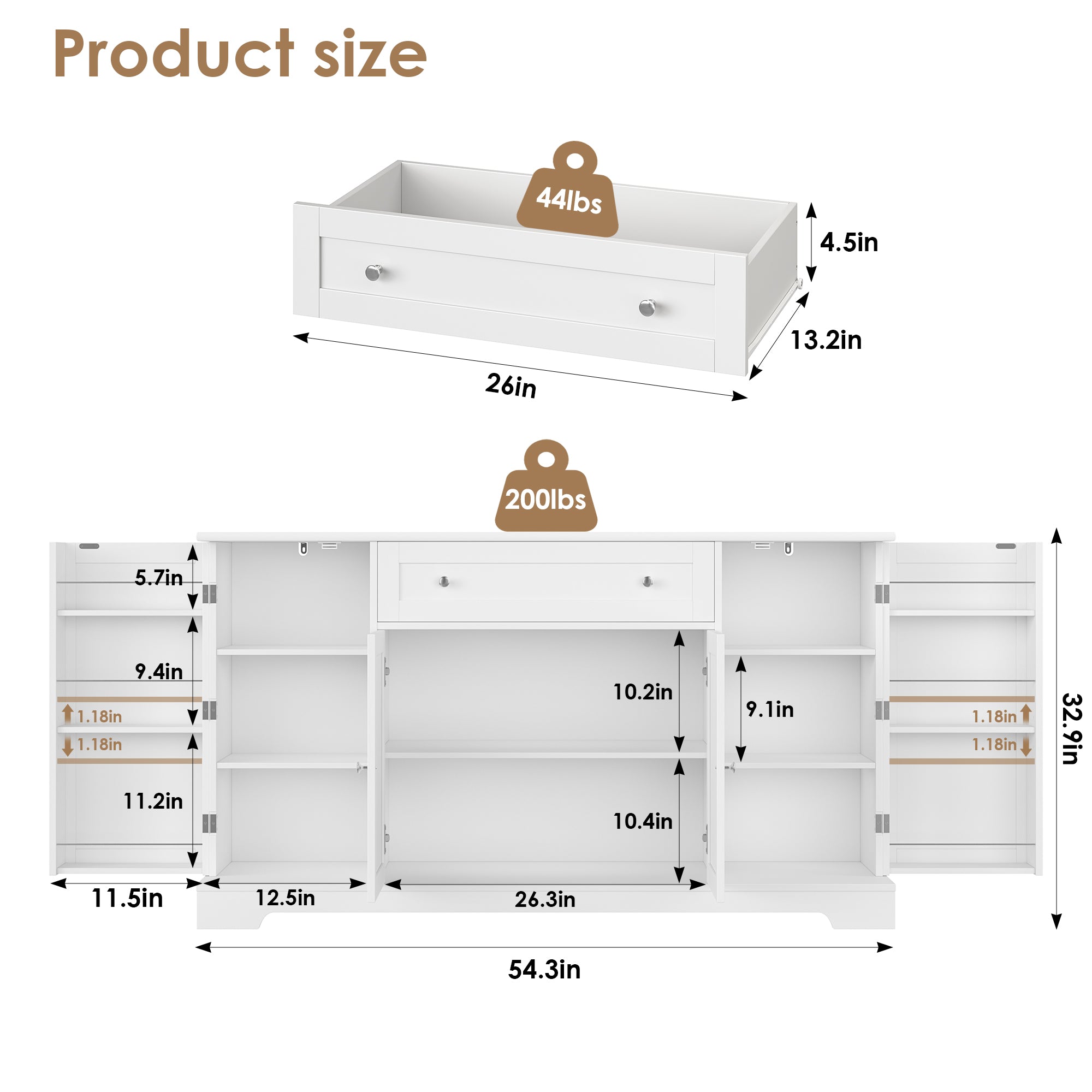 Hiphuta 54'' Wide Modern Sideboard Buffet with Drawers, Large Pantry Storage Cabinet with Internal Hidden Shelves, White