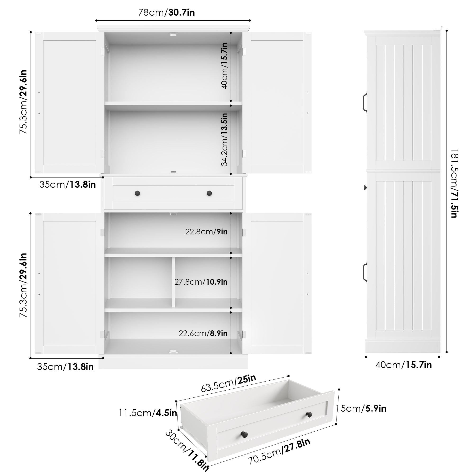 Hiphuta 71"Tall Farmhouse Kitchen Pantry Storage Cabinet with Barn Doors & Drawer, Freestanding Wood Cupboard, White