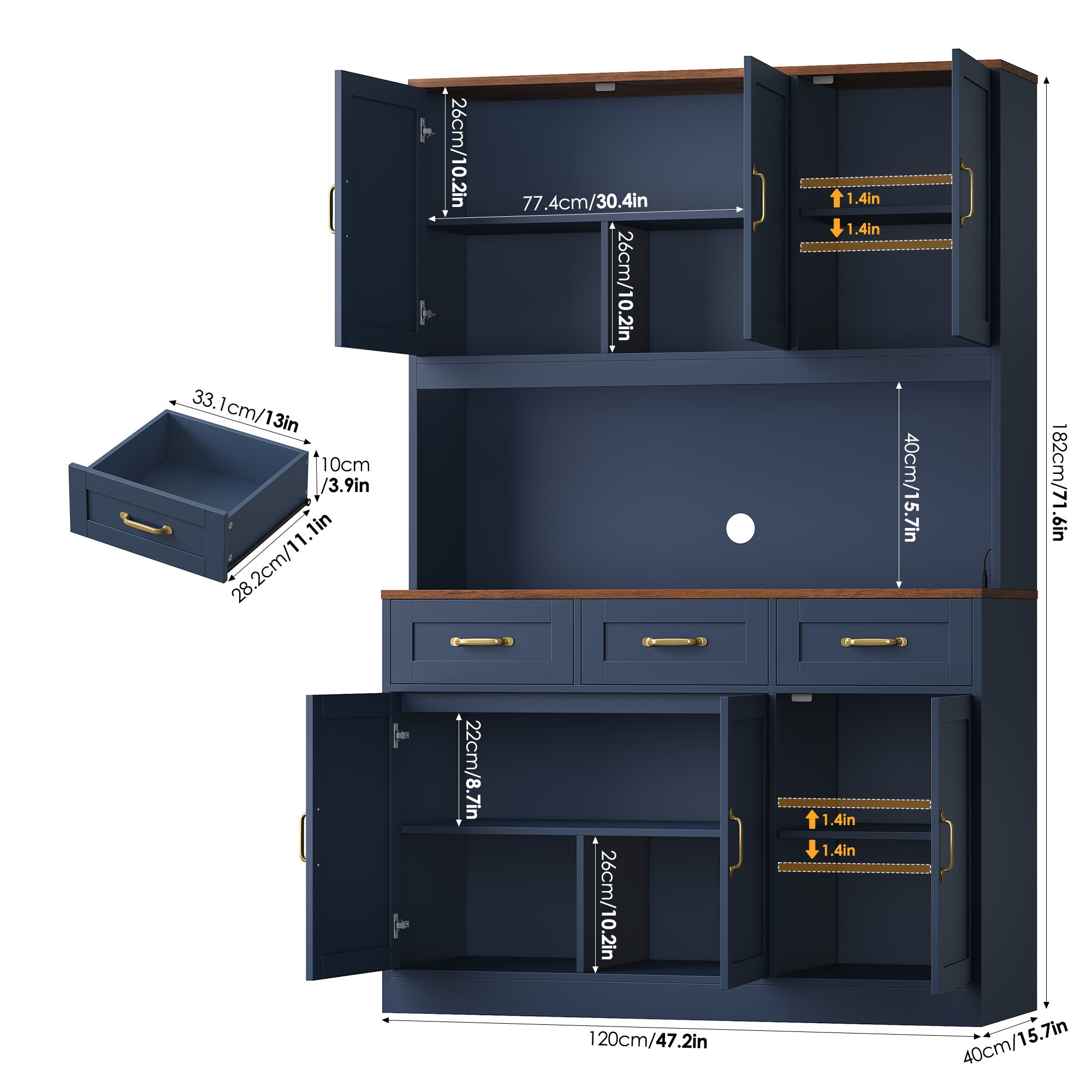 Hiphuta 72" Tall Kitchen Pantry Storgae Cabinet with RGB LED, Hutch Cabinet with Charging Station and Adjustable Shelves for Dining Room, Blue