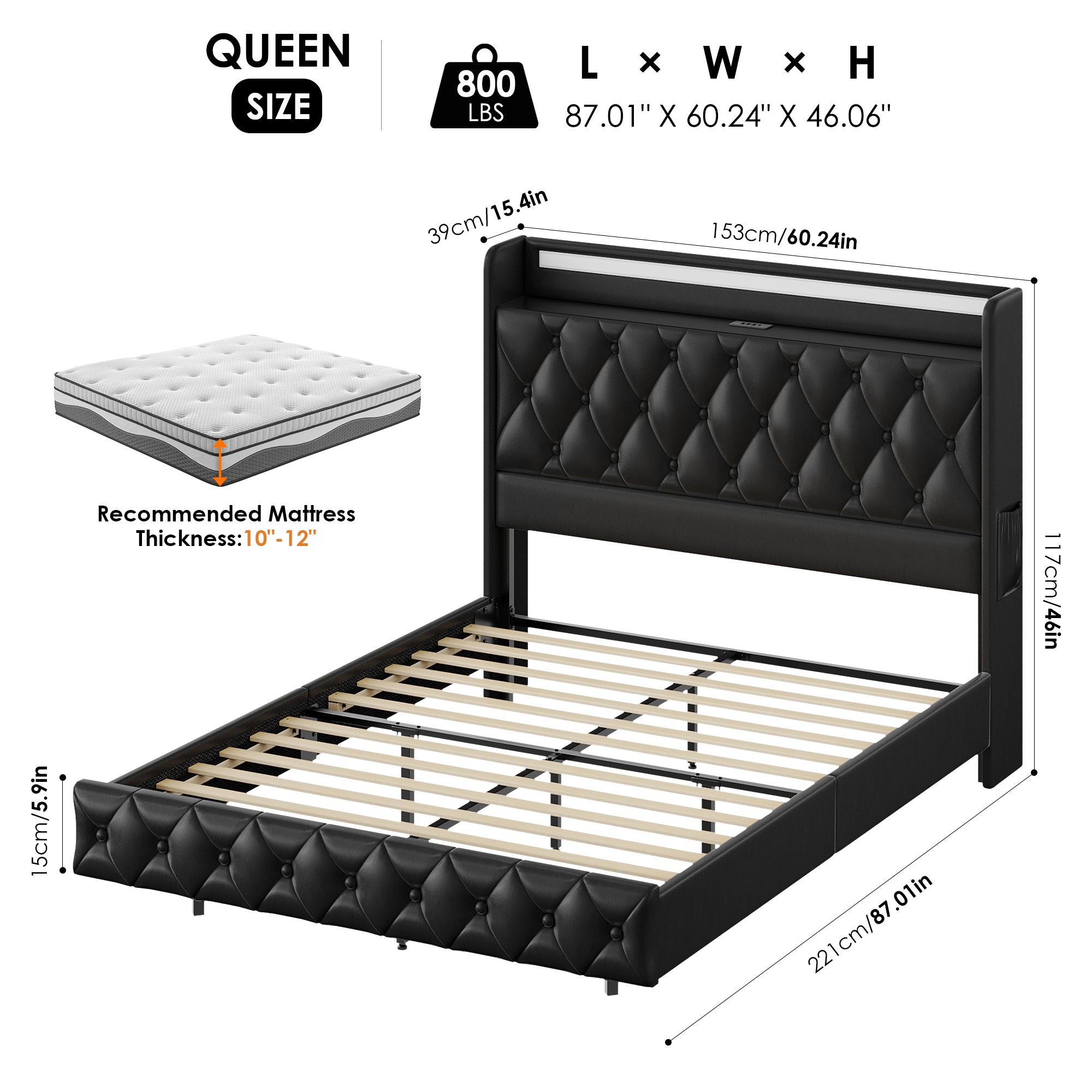 Hiphuta Queen Size Floating Bed Frame with LED Lights, Faux PU Leather Platform Bed with Charging Station & Button Tufted Headboard Storage, No Box Spring Needed, Black