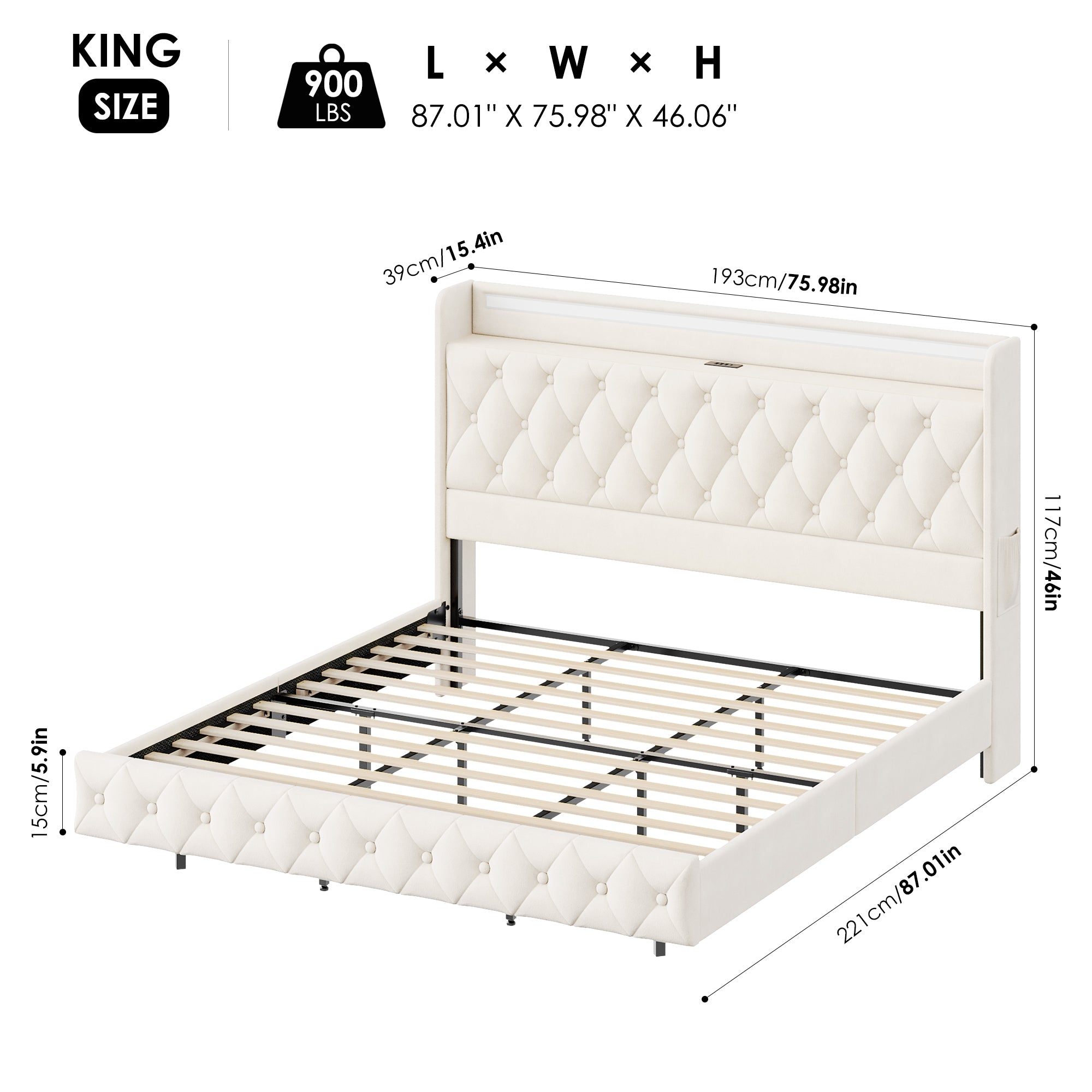 Hiphuta King Size Floating Bed Frame with LED Lights, Velvet Leather Platform Bed with Charging Station & Button Tufted Headboard Storage, No Box Spring Needed, White