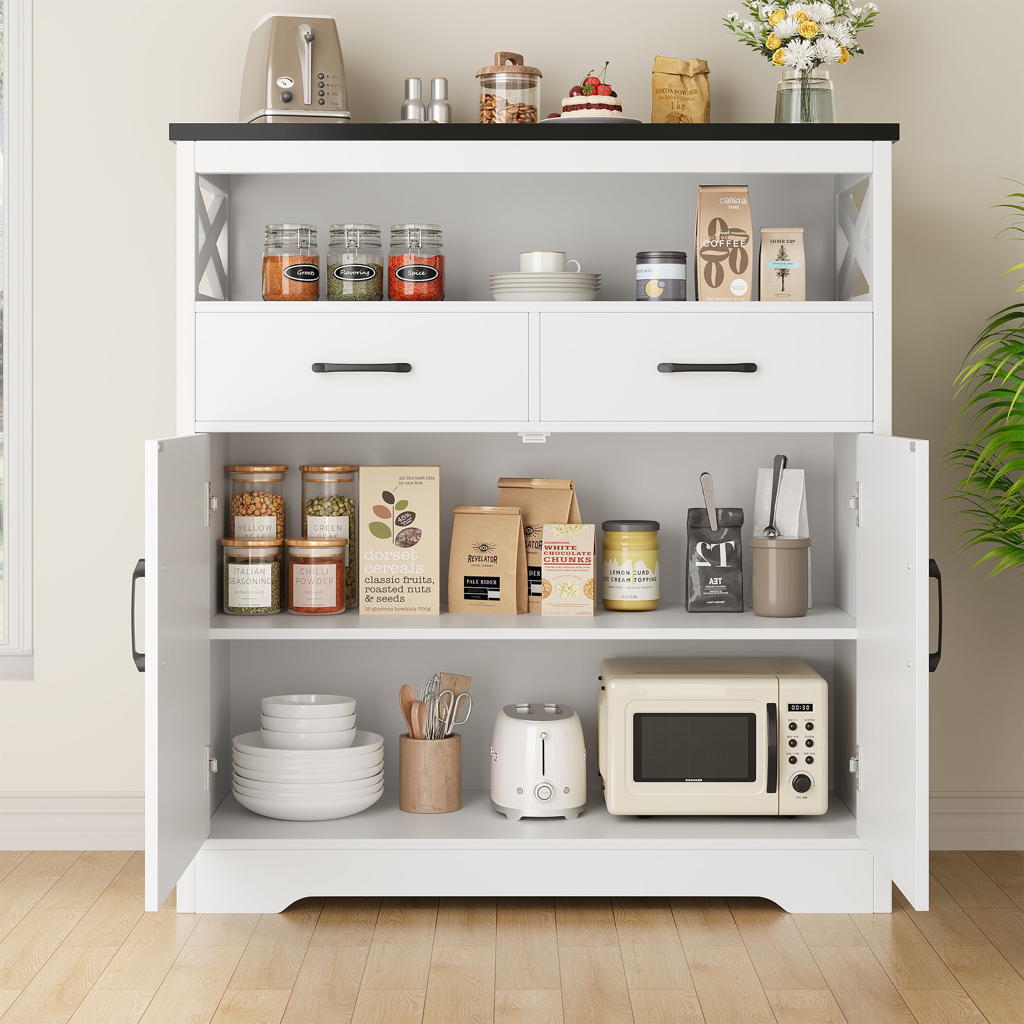 Hiphuta Modern Farmhouse Buffet Sideboard, Wood Cabinet with Shelves, Doors & 2 Drawers, Coffee Bar, Floor Cabinet Cupboard for Living Room, White