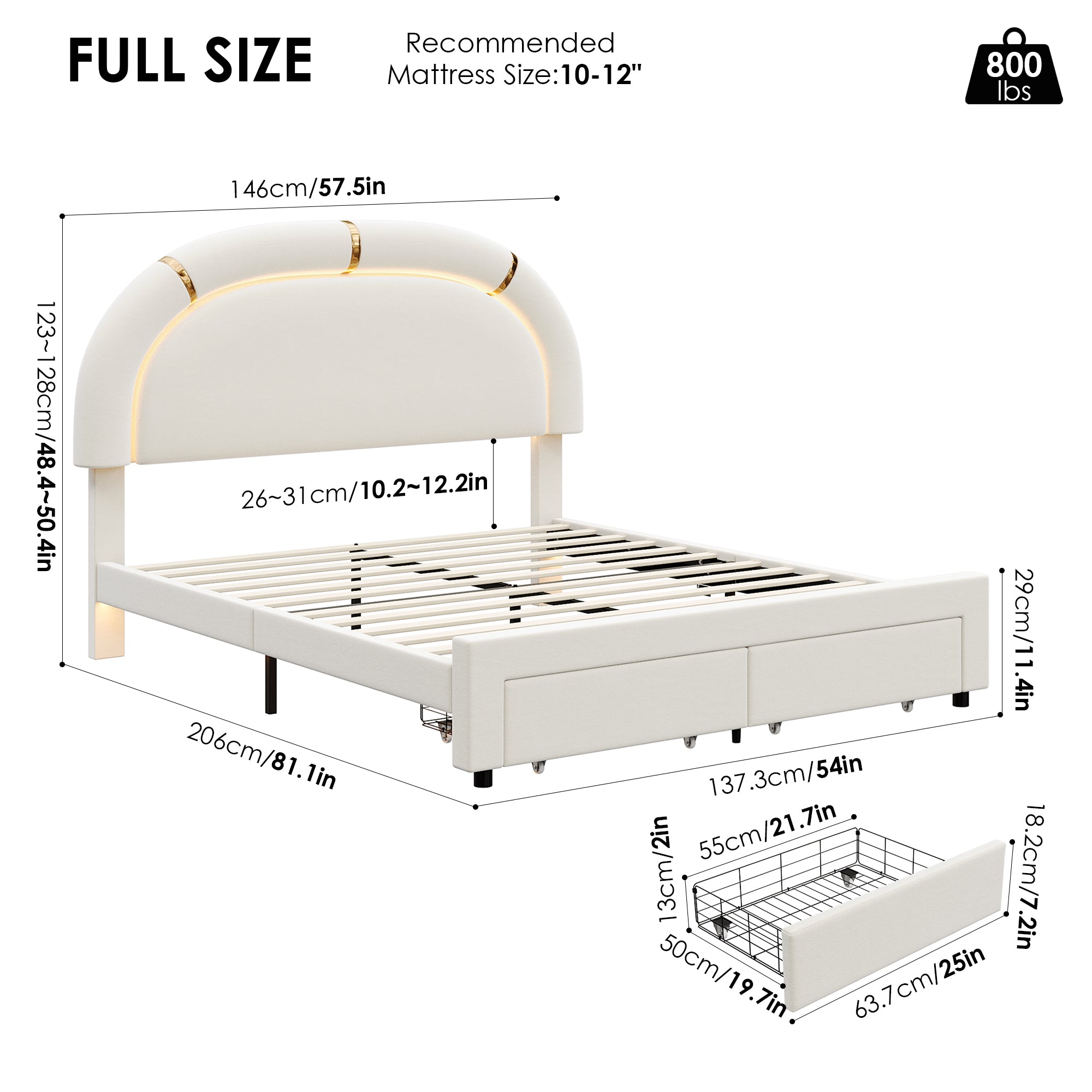 Hiphuta Full Kids Platform Bed Frame, Velvet Tufted Upholstered LED Bed with 2 Storage Drawers, Beige