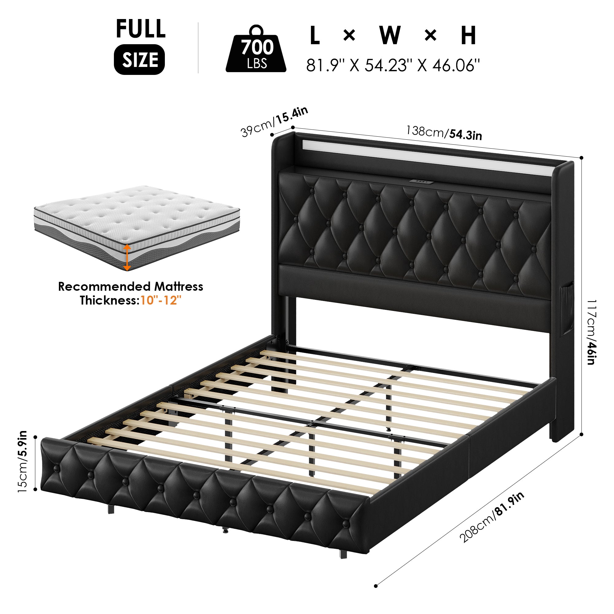 Hiphuta Full Size Floating Bed Frame with LED Lights, Faux PU Leather Platform Bed with Charging Station & Button Tufted Headboard Storage, No Box Spring Needed, Black