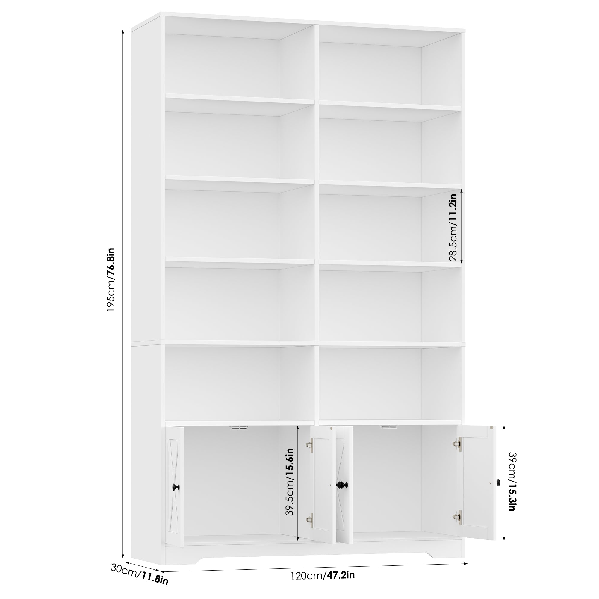 Hiphuta 78"H x 47"W Bookcase with Doors, Tall Bookshelves with Storage, 5-Tier Shelves Freestanding Display Bookcase for Home Office and Living Room, White
