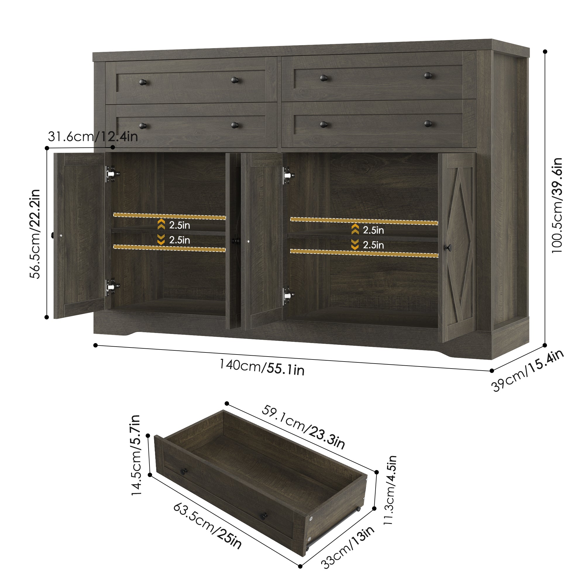 Hiphuta 55" Wide Farmhouse Buffet Storage Cabinets with 2 Adjustable Shelves & 4 Drawers for Living Room, Dark Brown