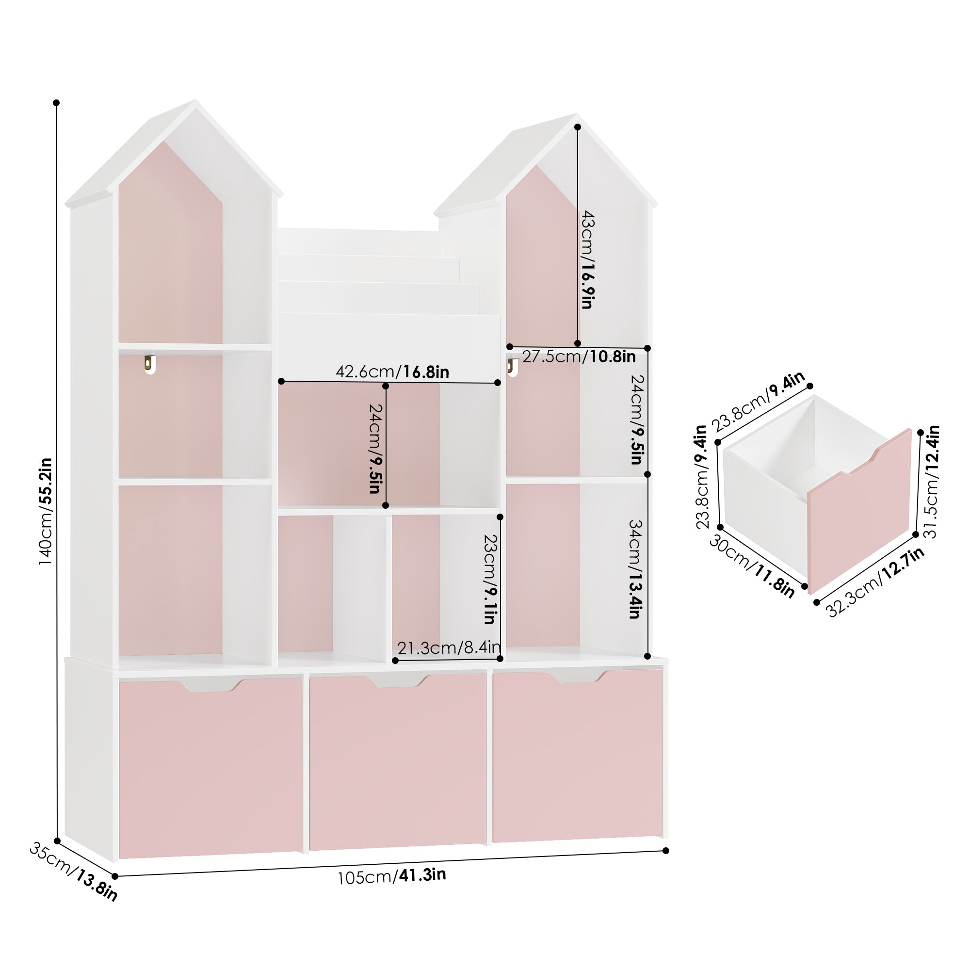 Hiphuta Kid’s Toy Storage Organizer with 3 Removable Drawers, Children's Bookcase with Book Rack for Playroom, Pink