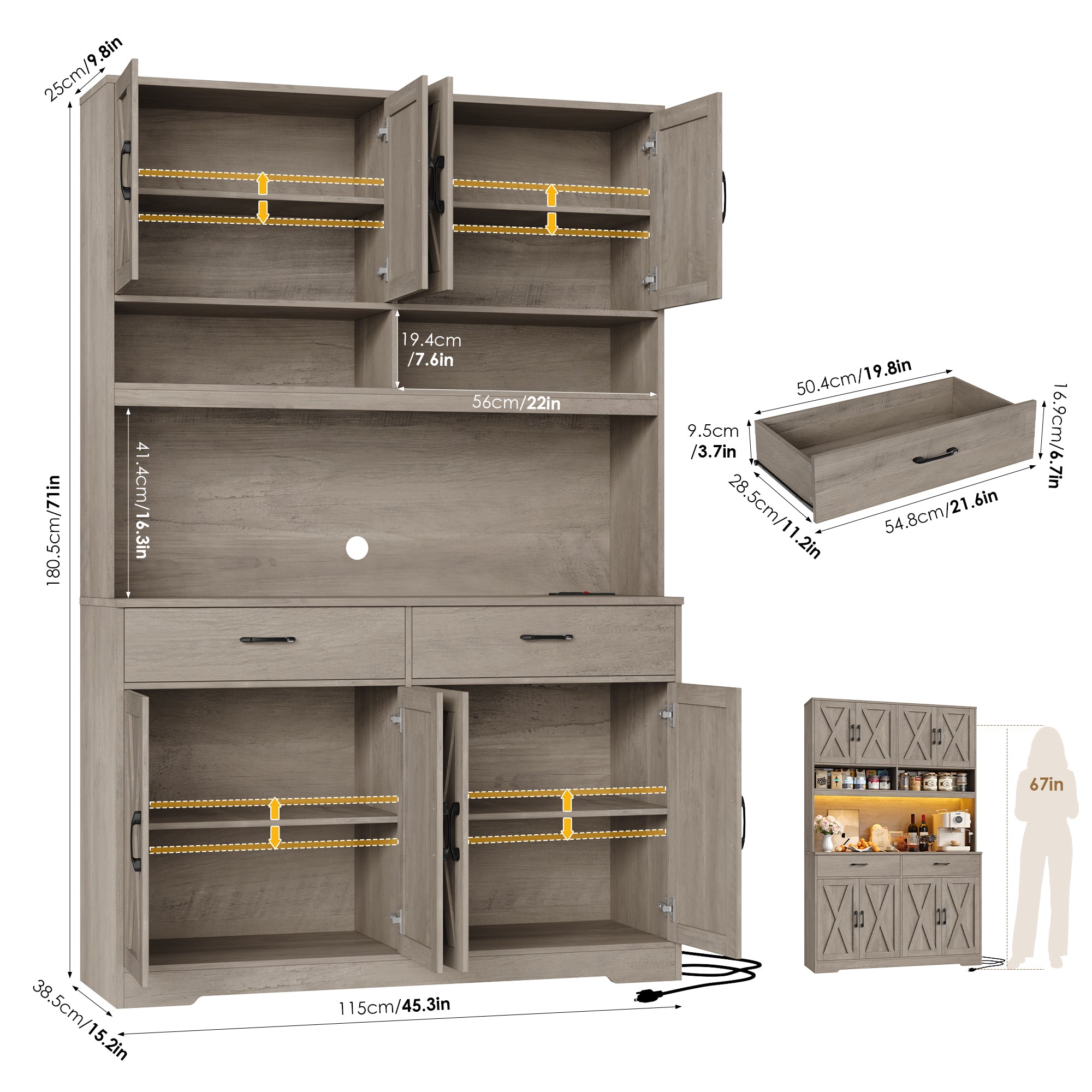 Hiphuta Farmhouse Kitchen Pantry Storage Cabinet, 75”H Freestanding Hutch with 8 Doors and 2 Drawers for Dining and Living Room, Ash Gray