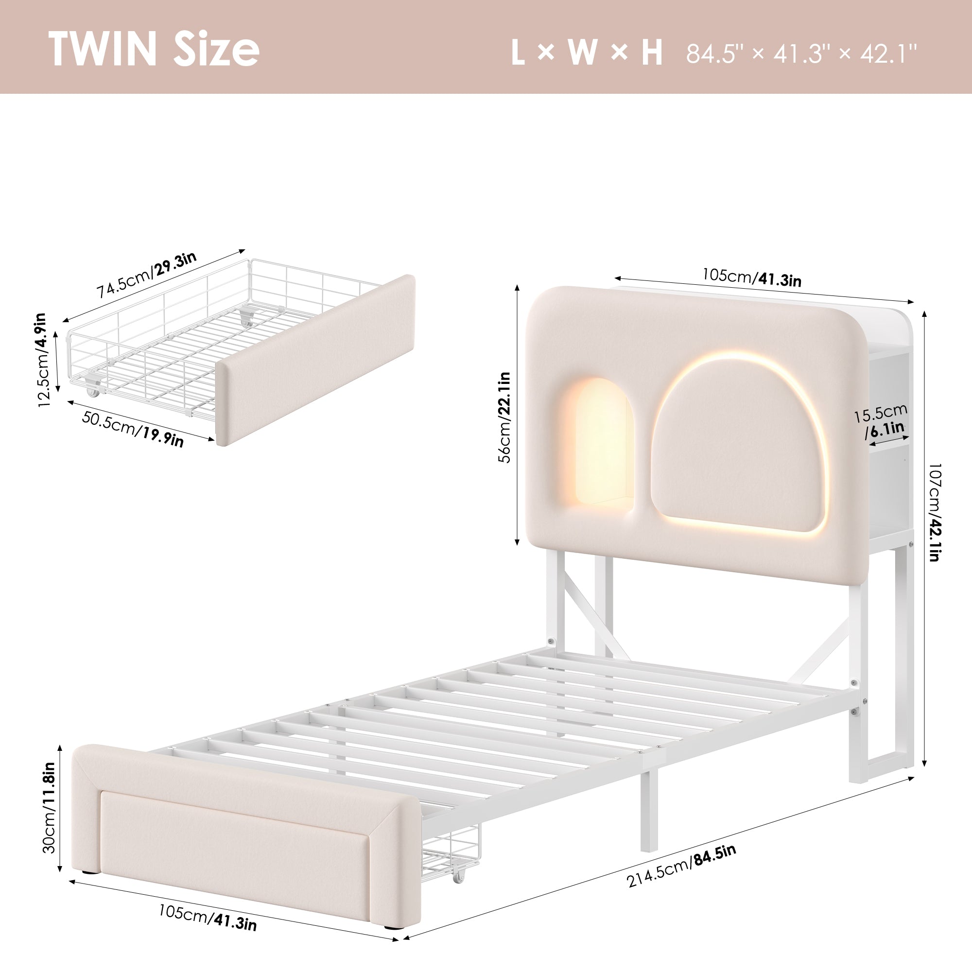 Hiphuta Twin Size Bed Frame with RGB LED and Power Outlets, Velvet Upholstered Platform Bed with Drawer and Side Storage, White