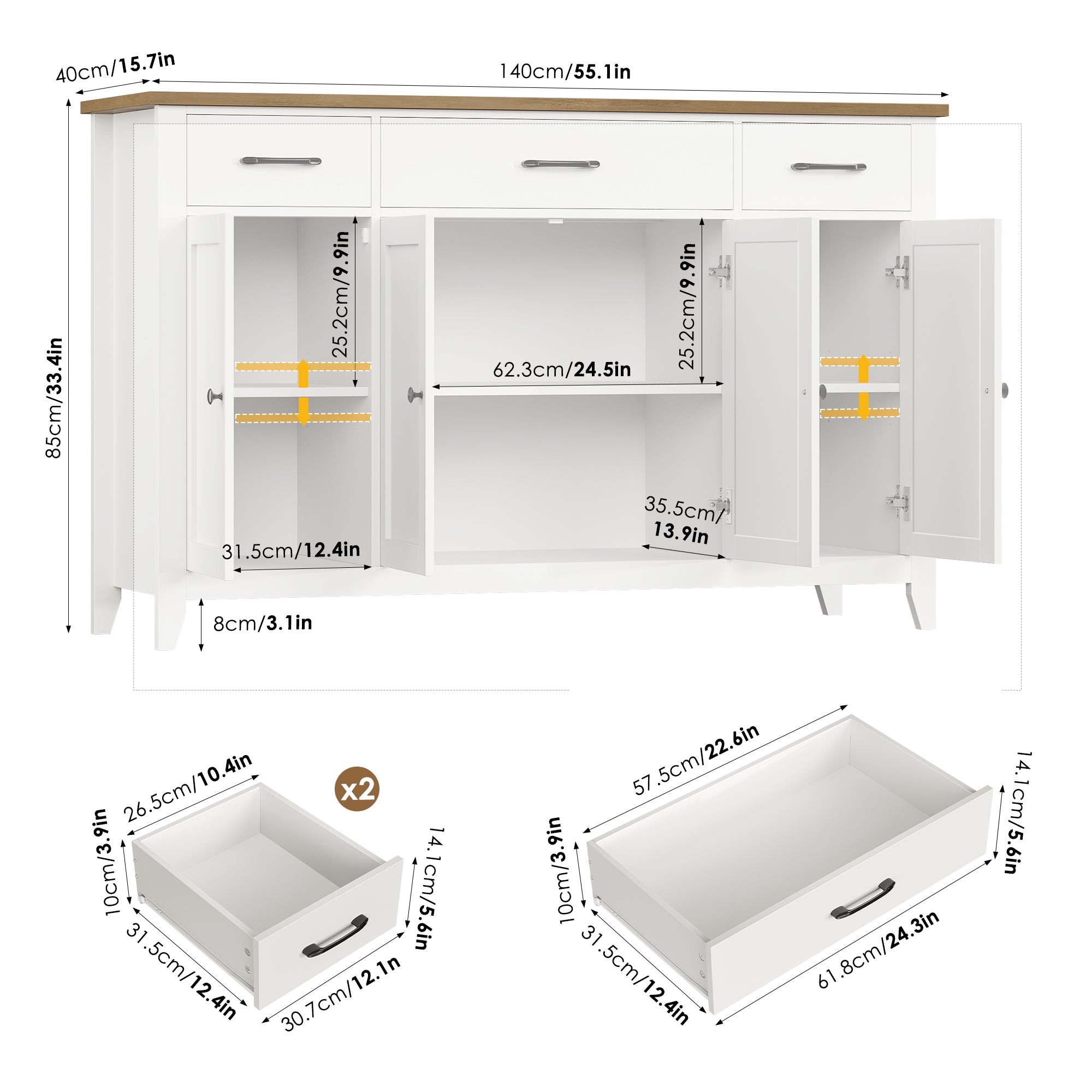 Hiphuta 55"Wide Buffet Cabinet with 2 Adjustable Shelves, Modern Farmhouse Coffee Bar with 3 Drawers and Sturdy Base for Living Room, White